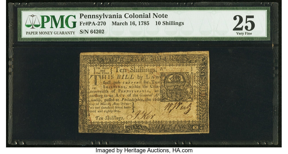 image for: Pennsylvania March 16, 1785 10s PMG Very Fine 25....