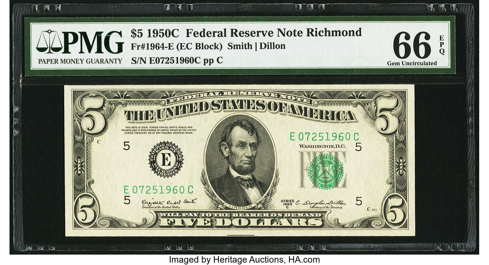 image for: Fr. 1964-E $5 1950C Federal Reserve Note. PMG Gem Uncirculated 66 EPQ....