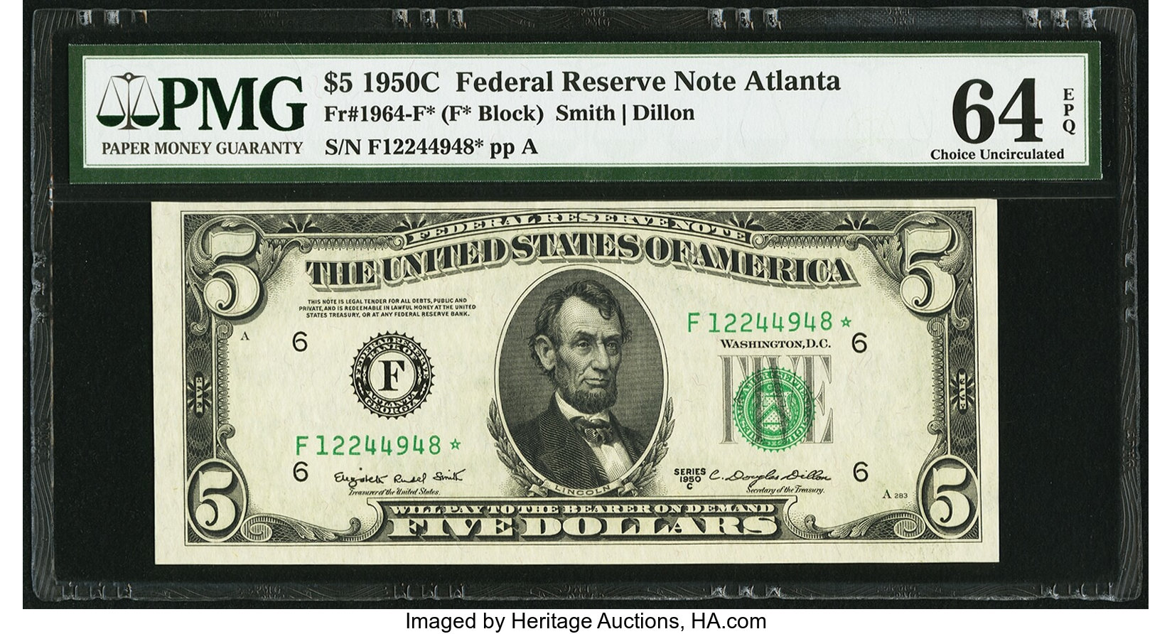 image for: Fr. 1964-F* $5 1950C Federal Reserve Star Note. PMG Choice Uncirculated 64 EPQ....