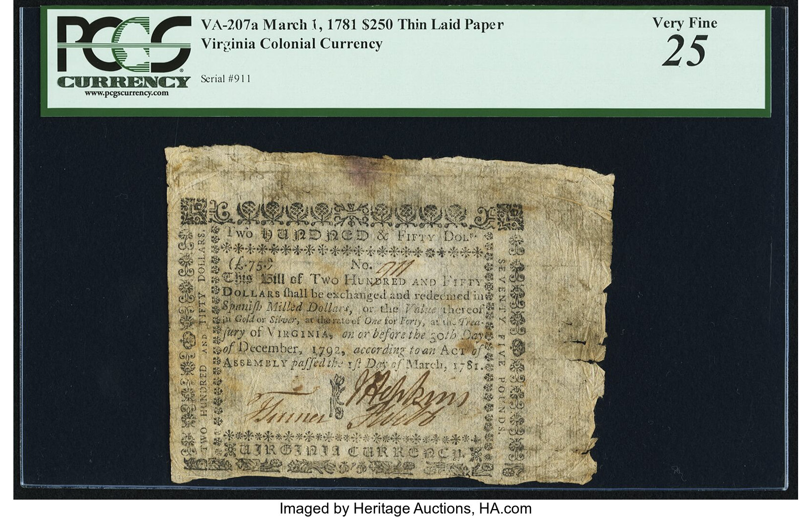 image for: Jumbo Margins Virginia March 1, 1781 $250 printed on thin laid paper PCGS Very Fine 25....