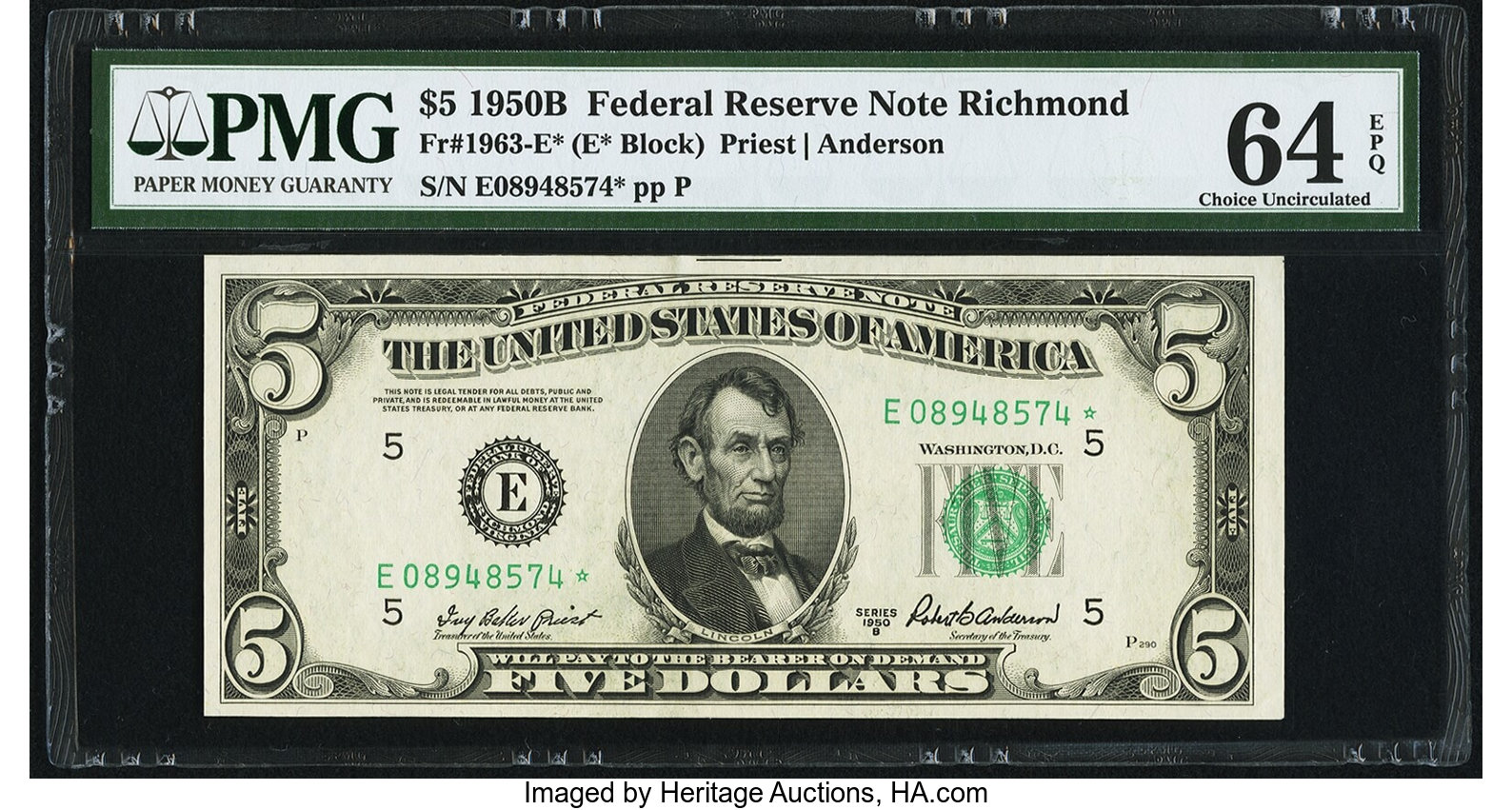 image for: Fr. 1963-E* $5 1950B Federal Reserve Note. PMG Choice Uncirculated 64 EPQ....