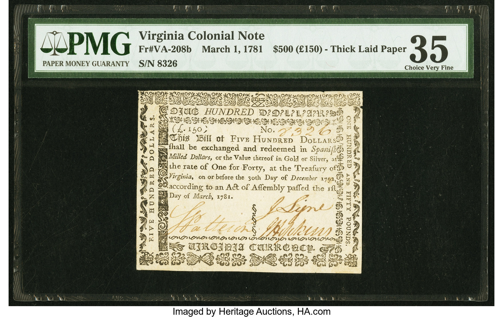 image for: Virginia March 1, 1781 $500 printed on thick laid paper PMG Choice Very Fine 35....