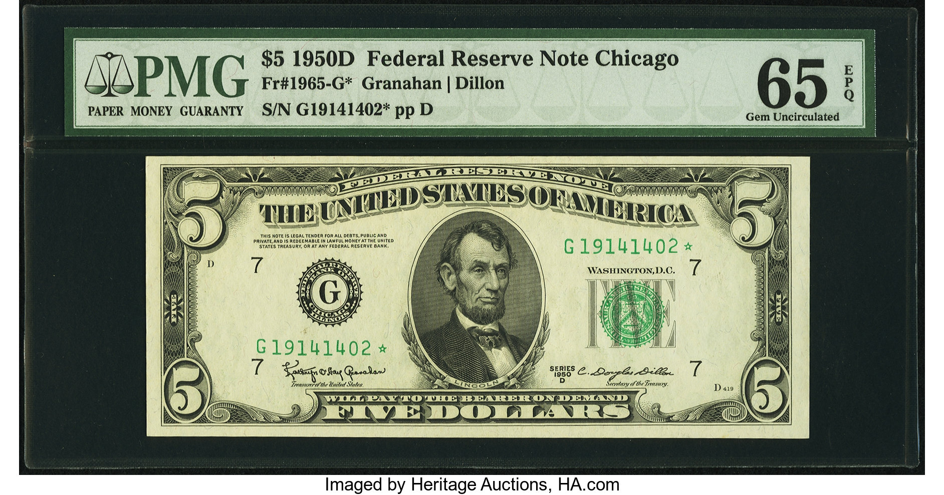 image for: Fr. 1965-G* $5 1950D Federal Reserve Note. PMG Gem Uncirculated 65 EPQ....