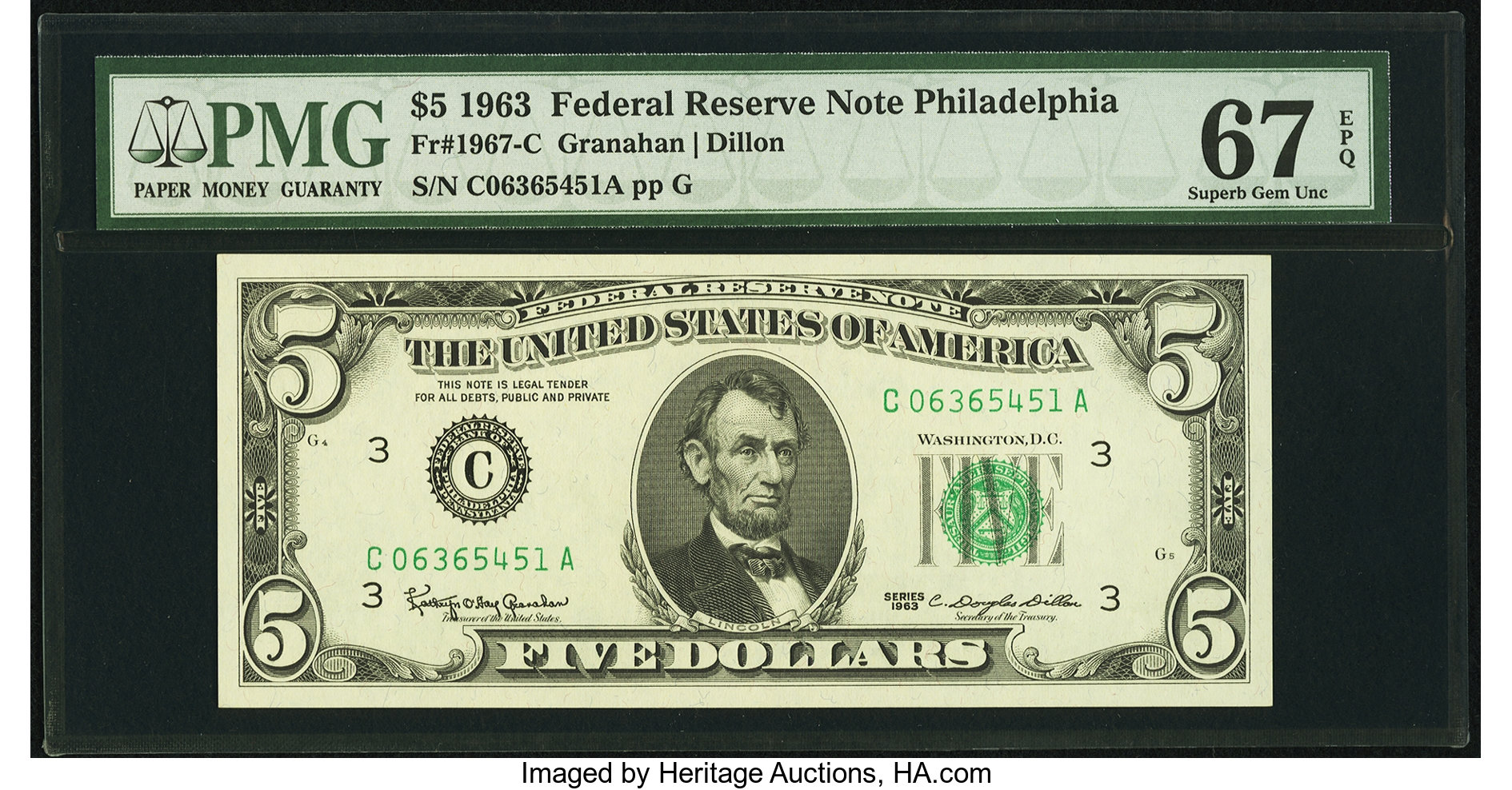 image for: Fr. 1967-C $5 1963 Federal Reserve Note. PMG Superb Gem Unc 67 EPQ....