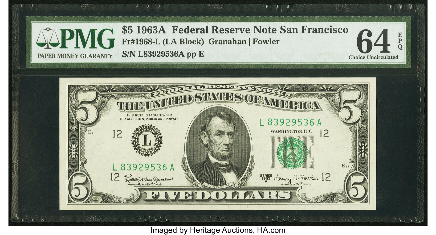 image for: Fr. 1968-L $5 1963A Federal Reserve Note. PMG Choice Uncirculated 64 EPQ....