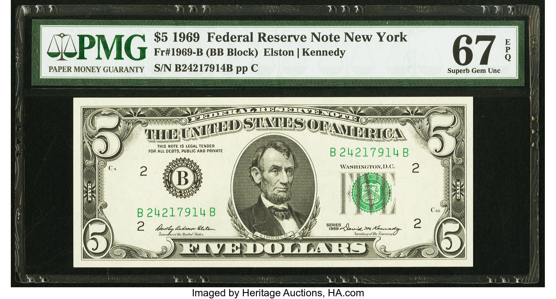 image for: Fr. 1969-B $5 1969 Federal Reserve Note. PMG Superb Gem Unc 67 EPQ....