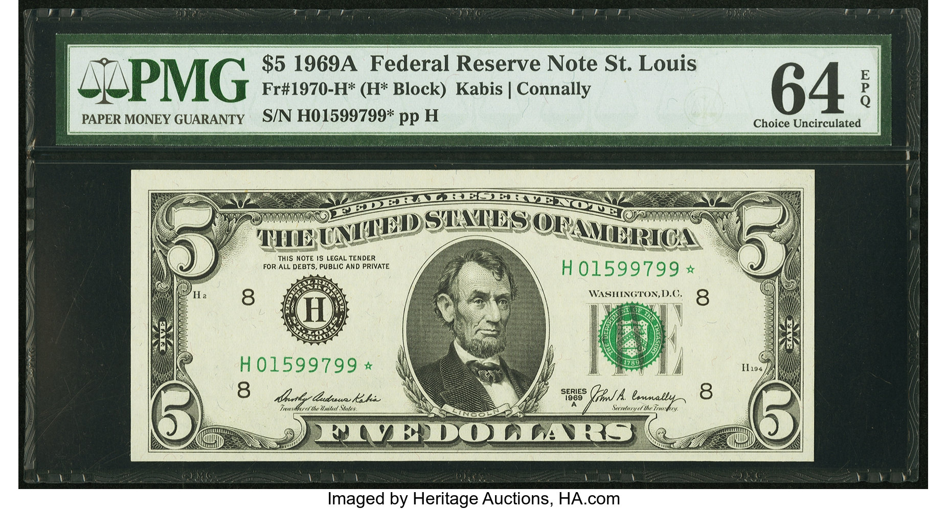 image for: Fr. 1970-H* $5 1969A Federal Reserve Note. PMG Choice Uncirculated 64 EPQ....