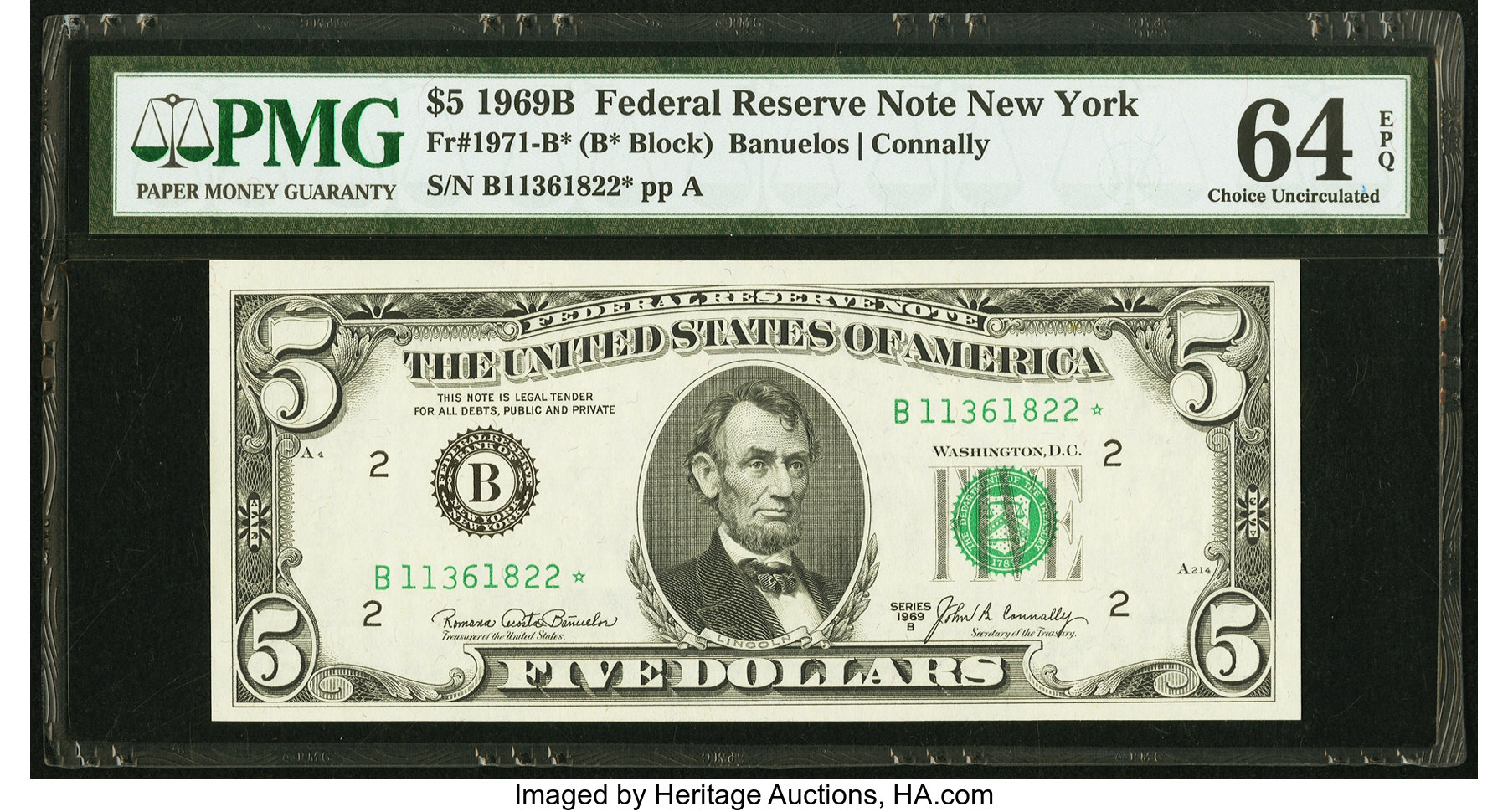 image for: Fr. 1971-B* $5 1969B Federal Reserve Note. PMG Choice Uncirculated 64 EPQ....
