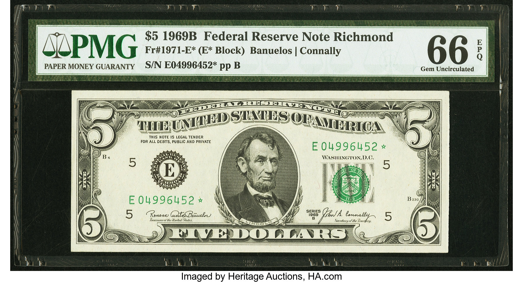 image for: Fr. 1971-E* $5 1969B Federal Reserve Note. PMG Gem Uncirculated 66 EPQ....