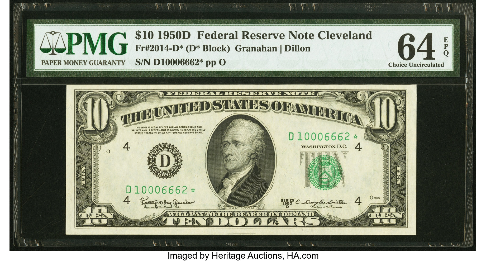 image for: Fr. 2014-D* $10 1950D Federal Reserve Note. PMG Choice Uncirculated 64 EPQ....