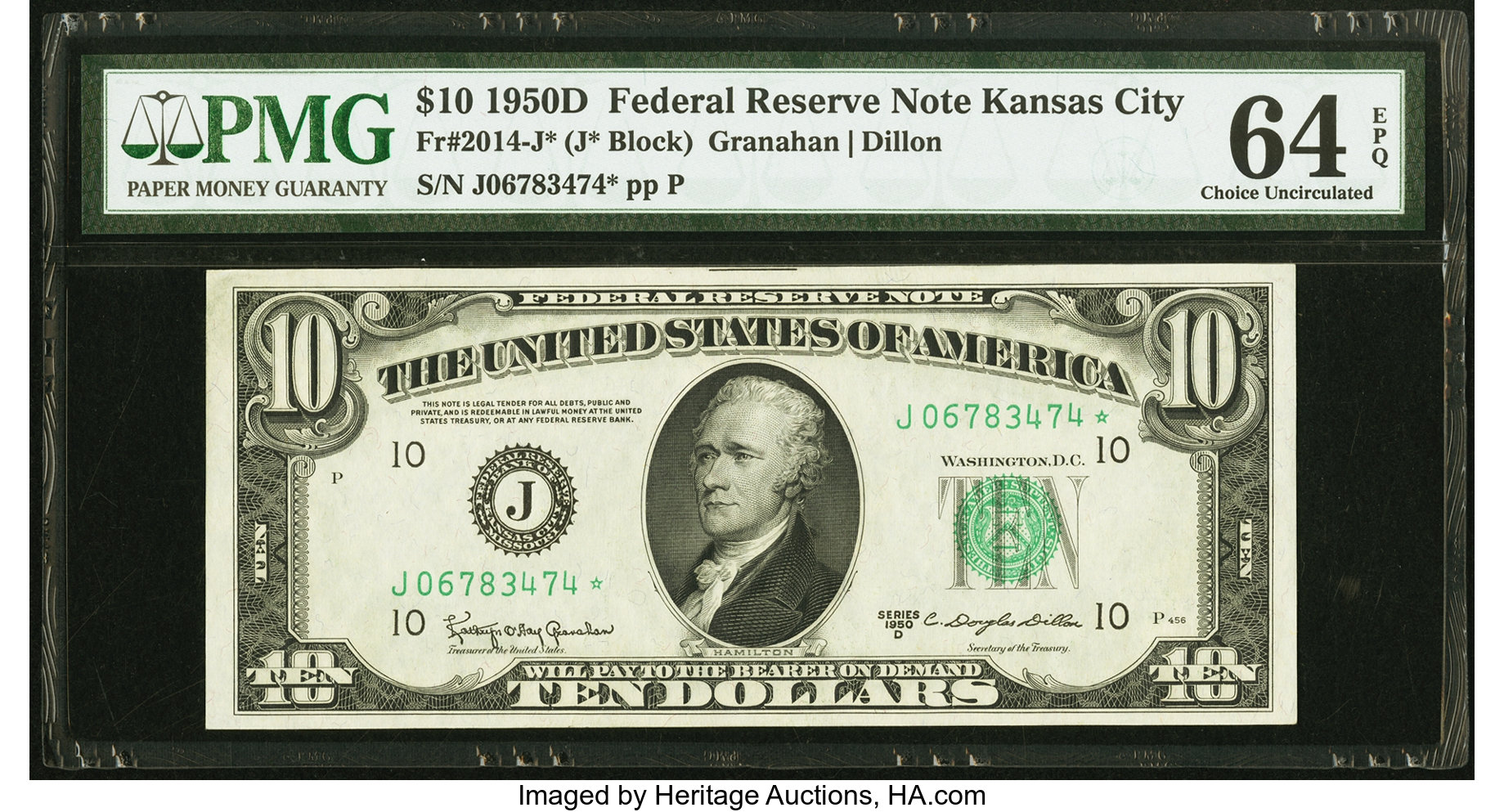 image for: Fr. 2014-J* $10 1950D Federal Reserve Note. PMG Choice Uncirculated 64 EPQ....
