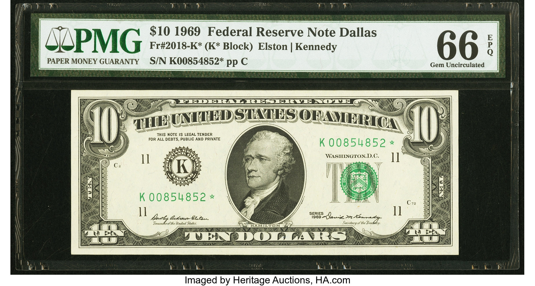image for: Fr. 2018-K* $10 1969 Federal Reserve Note. PMG Gem Uncirculated 66 EPQ....