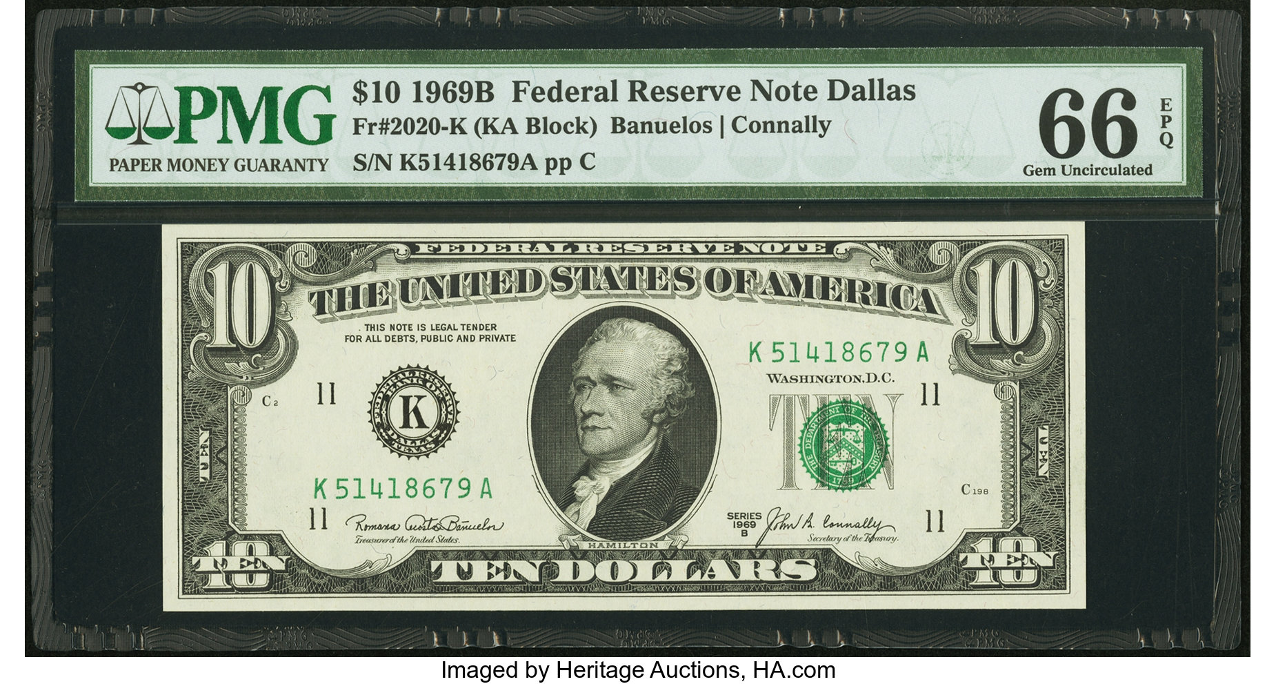 image for: Fr. 2020-K $10 1969B Federal Reserve Note. PMG Gem Uncirculated 66 EPQ....