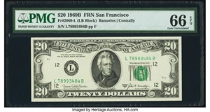 image for: Fr. 2069-L $20 1969B Federal Reserve Note. PMG Gem Uncirculated 66 EPQ....