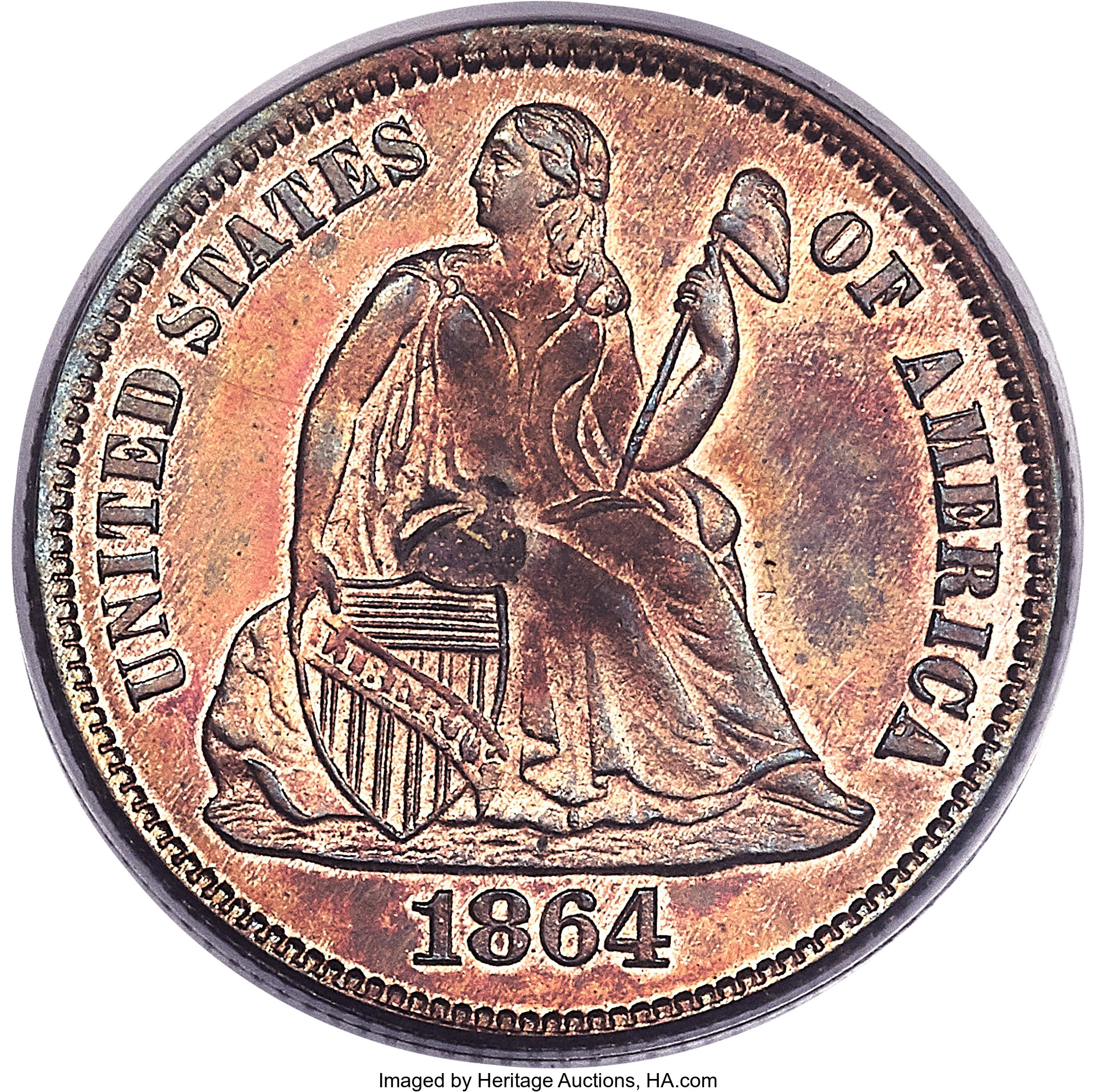 image for: 1864 10C Ten Cents, Judd-381, Pollock-449, R.7, PR64 Red and Brown PCGS....