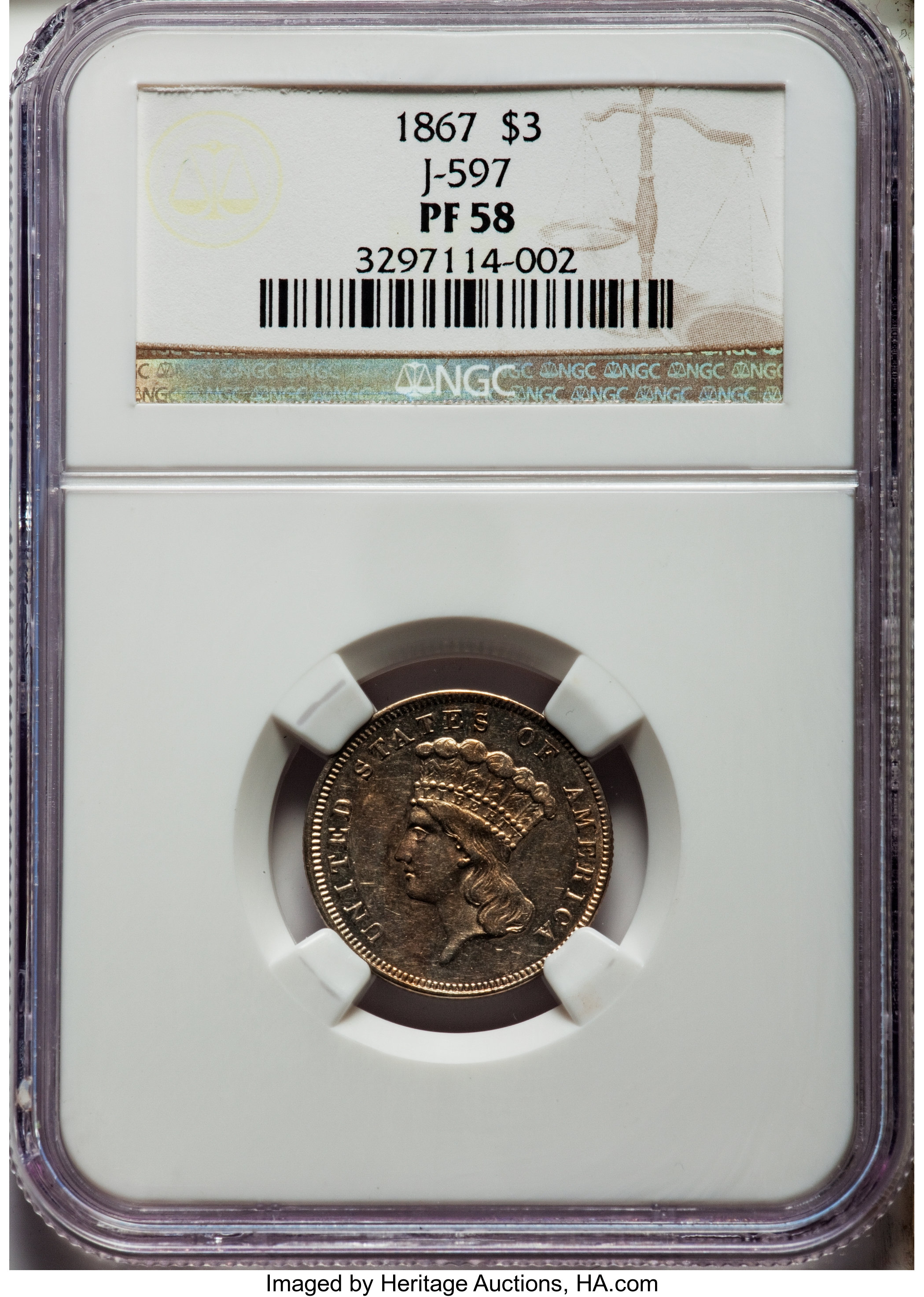 image for: 1867 $3 Three Dollar, Judd-597, Pollock-661, R.8, PR58 NGC....