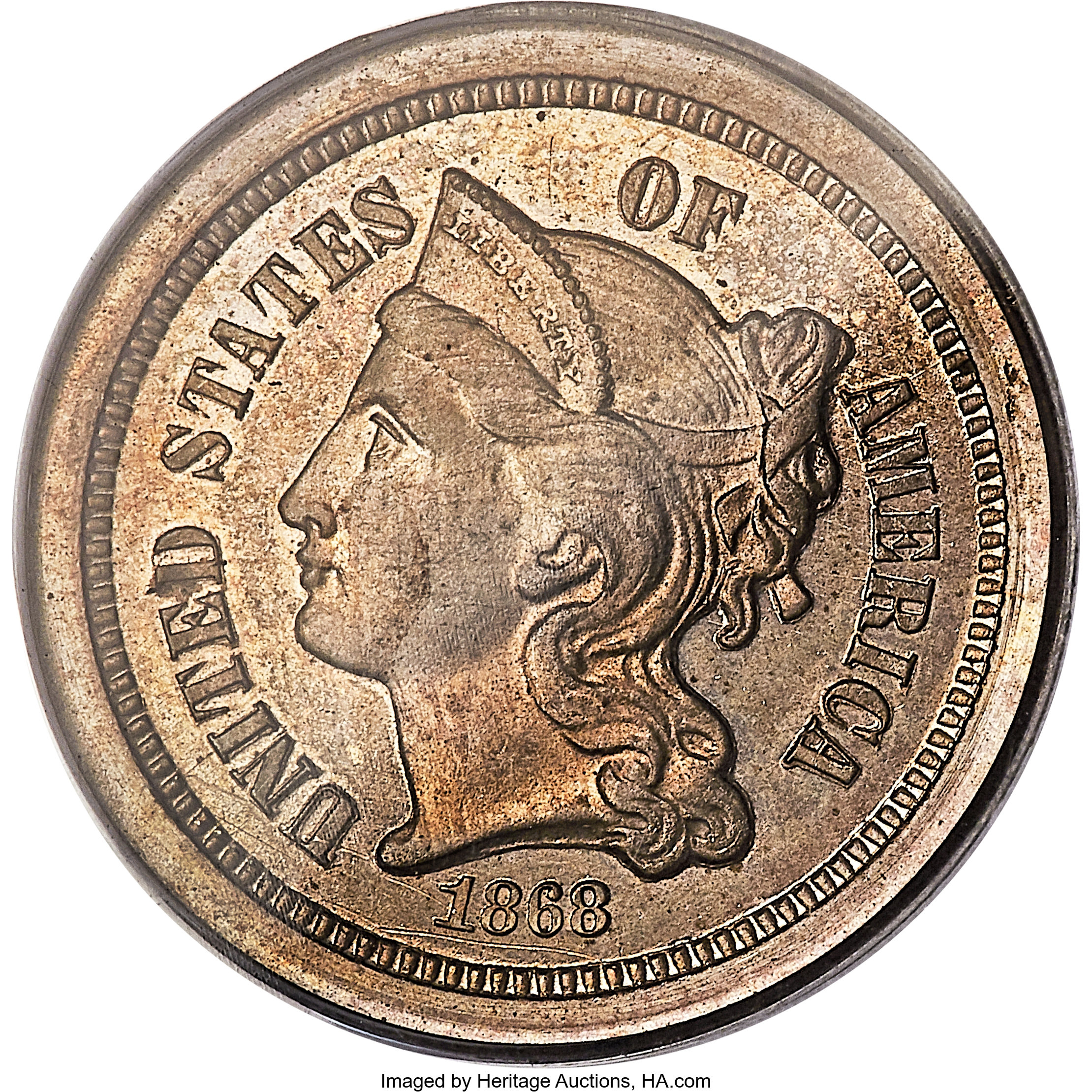 image for: 1868 3C Three Cent Nickel, Judd-615A, Pollock-681, High R.7, PR64 PCGS....