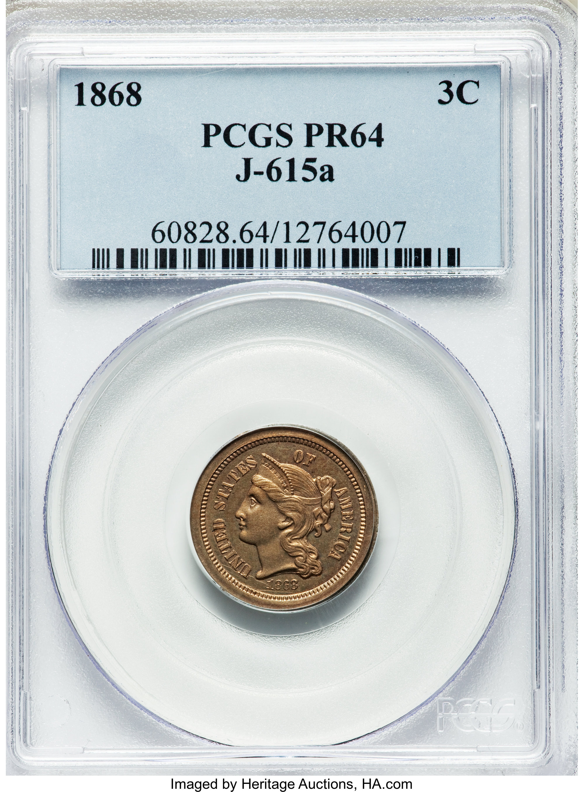 image for: 1868 3C Three Cent Nickel, Judd-615A, Pollock-681, High R.7, PR64 PCGS....