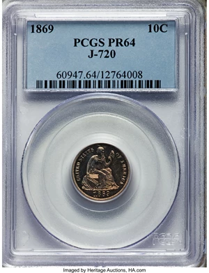 image for: 1869 10C Ten Cents, Judd-720, Pollock-801, High R.7, PR64 PCGS....
