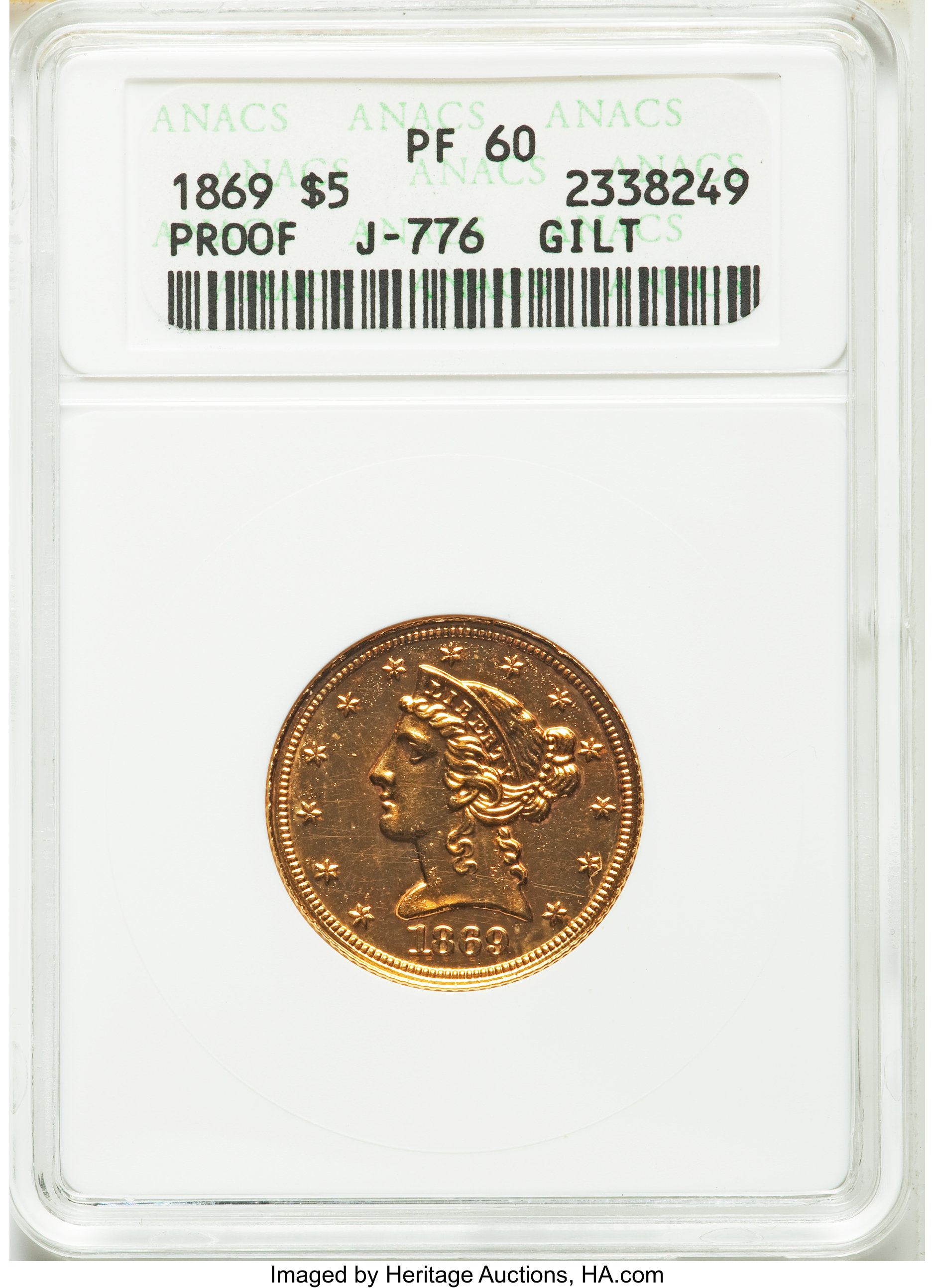 image for: 1869 $5 Five Dollar, Judd-776 Gilt, Pollock-862, High R.7, PR60 ANACS....