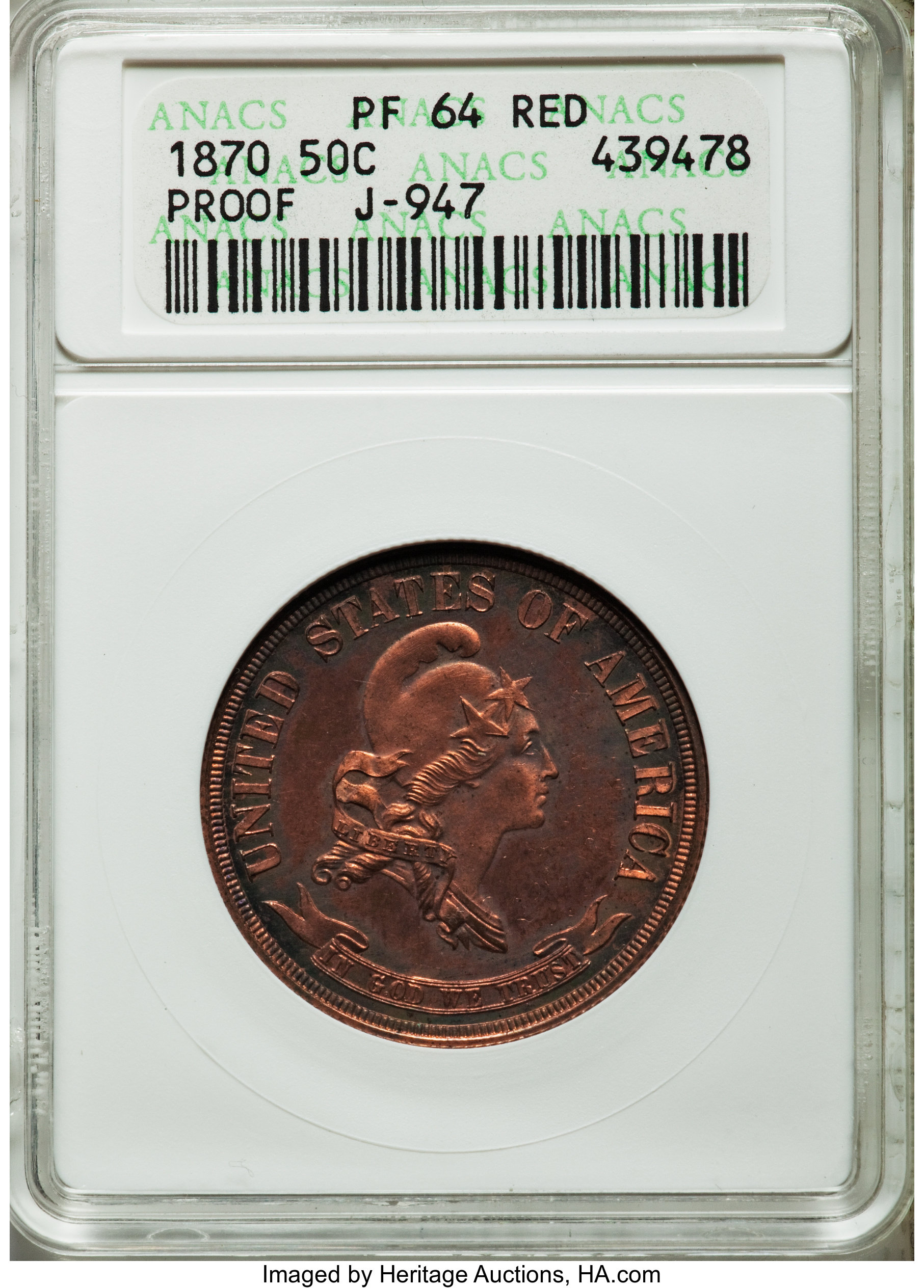 image for: 1870 50C Standard Silver Half Dollar, Judd-947, Pollock-1075, R.7, PR64 Red ANACS....