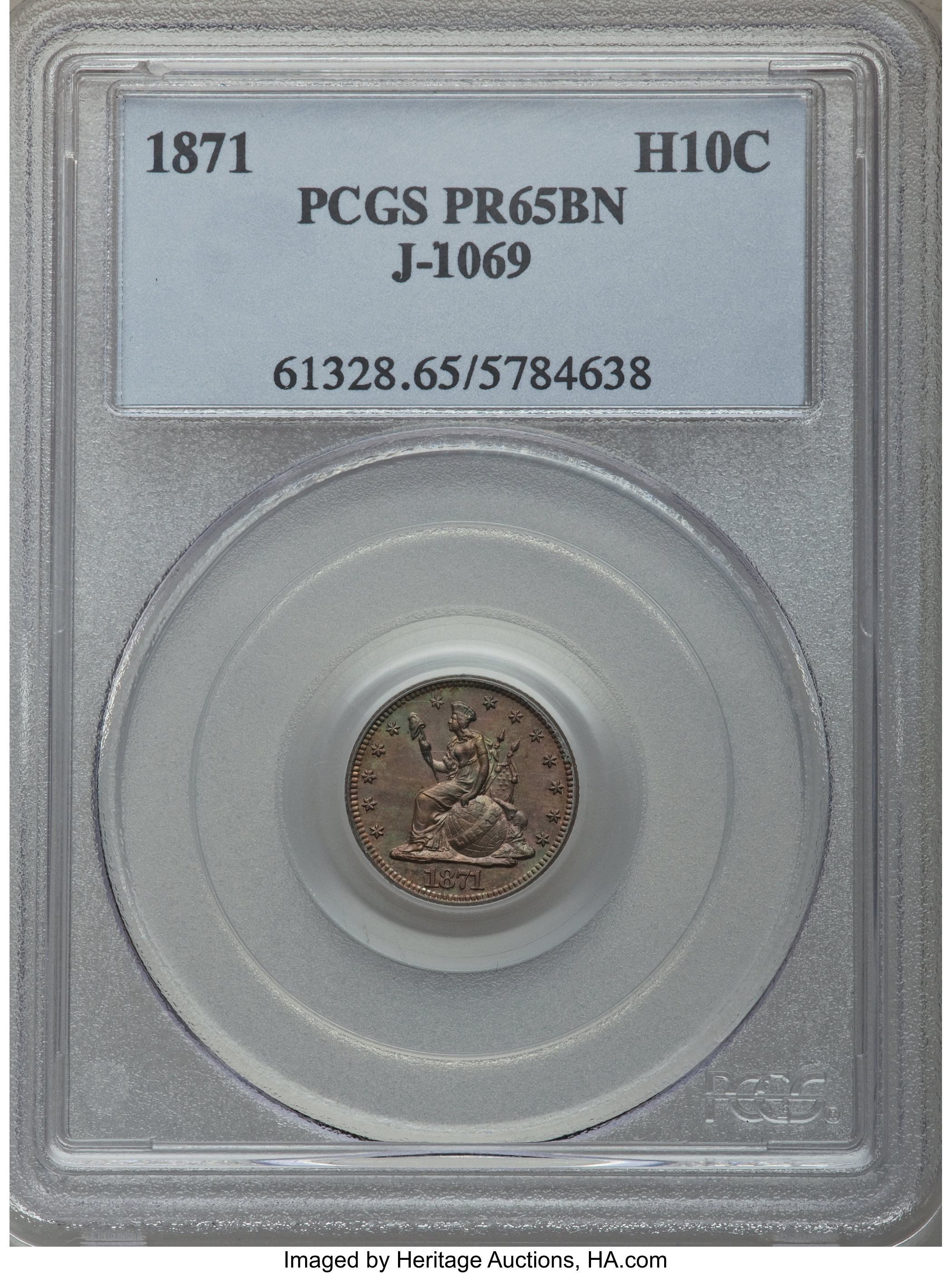image for: 1871 H10C Half Dime, Judd-1069, Pollock-1205, Low R.7, PR65 Brown PCGS....