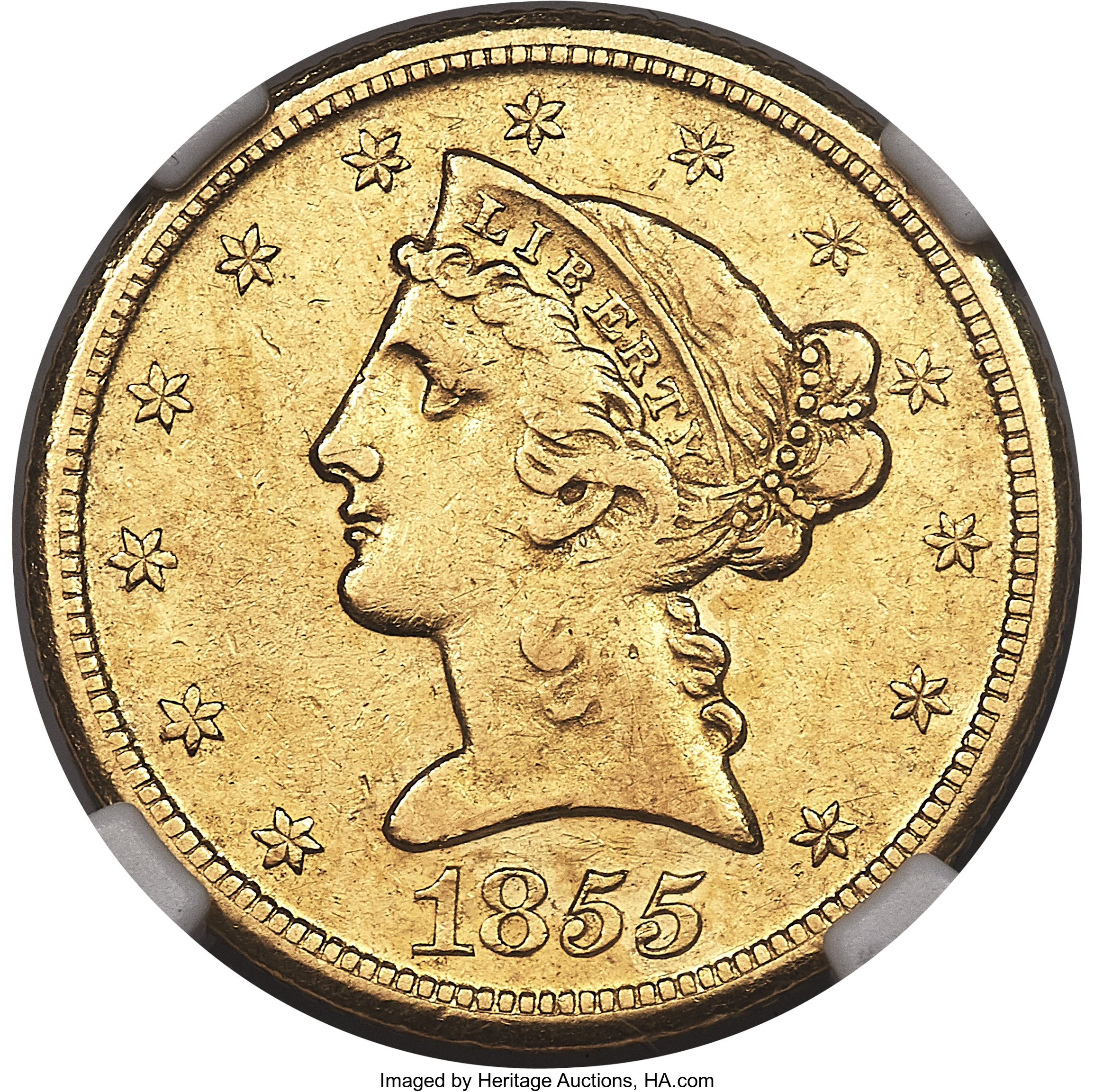 image for: 1855-D $5 Medium D AU55 NGC. Variety 38-CC....