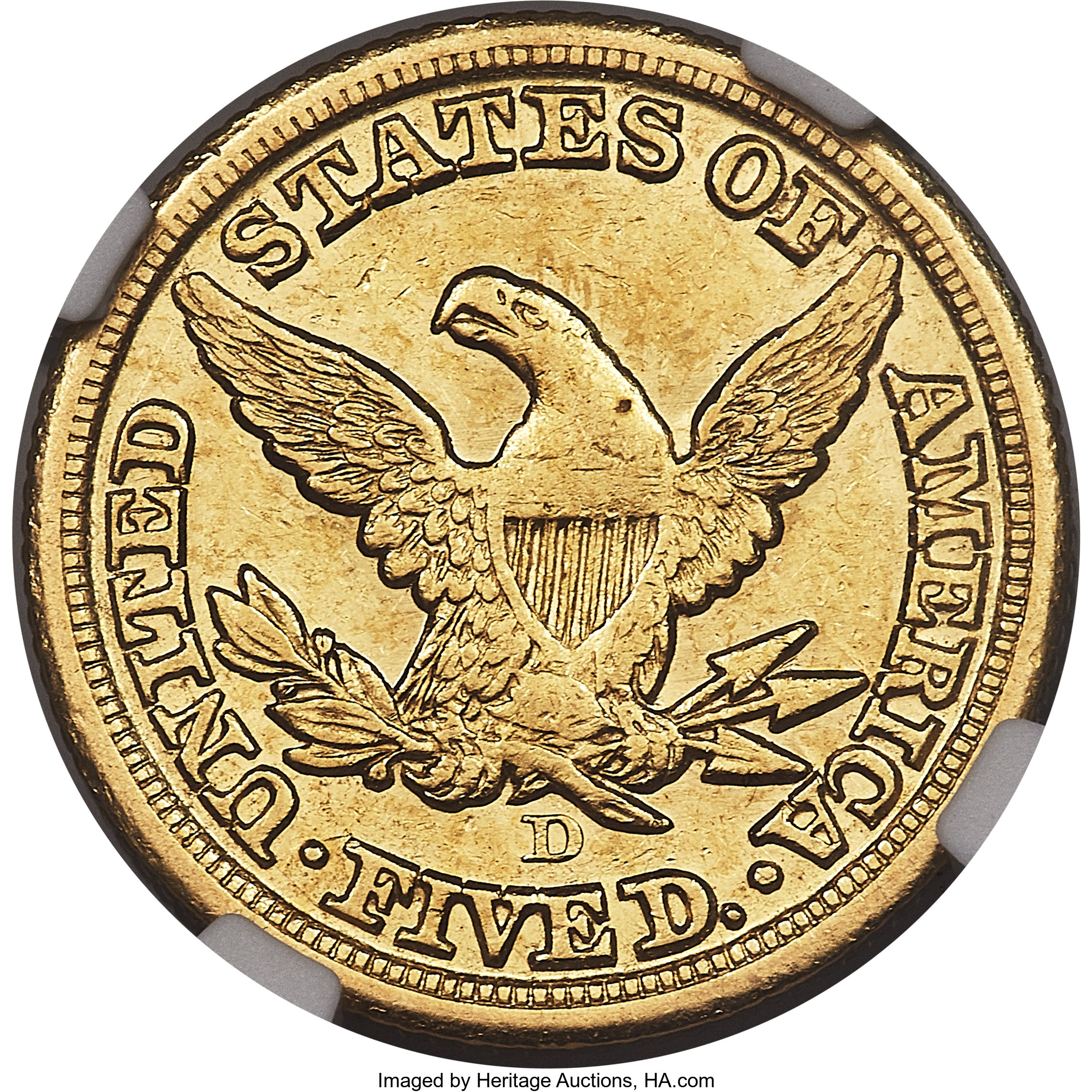 image for: 1855-D $5 Medium D AU55 NGC. Variety 38-CC....