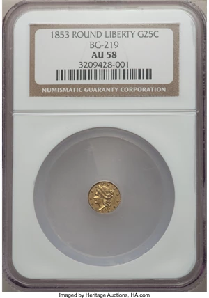 image for: 1853 25C Liberty Round 25 Cents, BG-219, Low R.7, AU58 NGC....