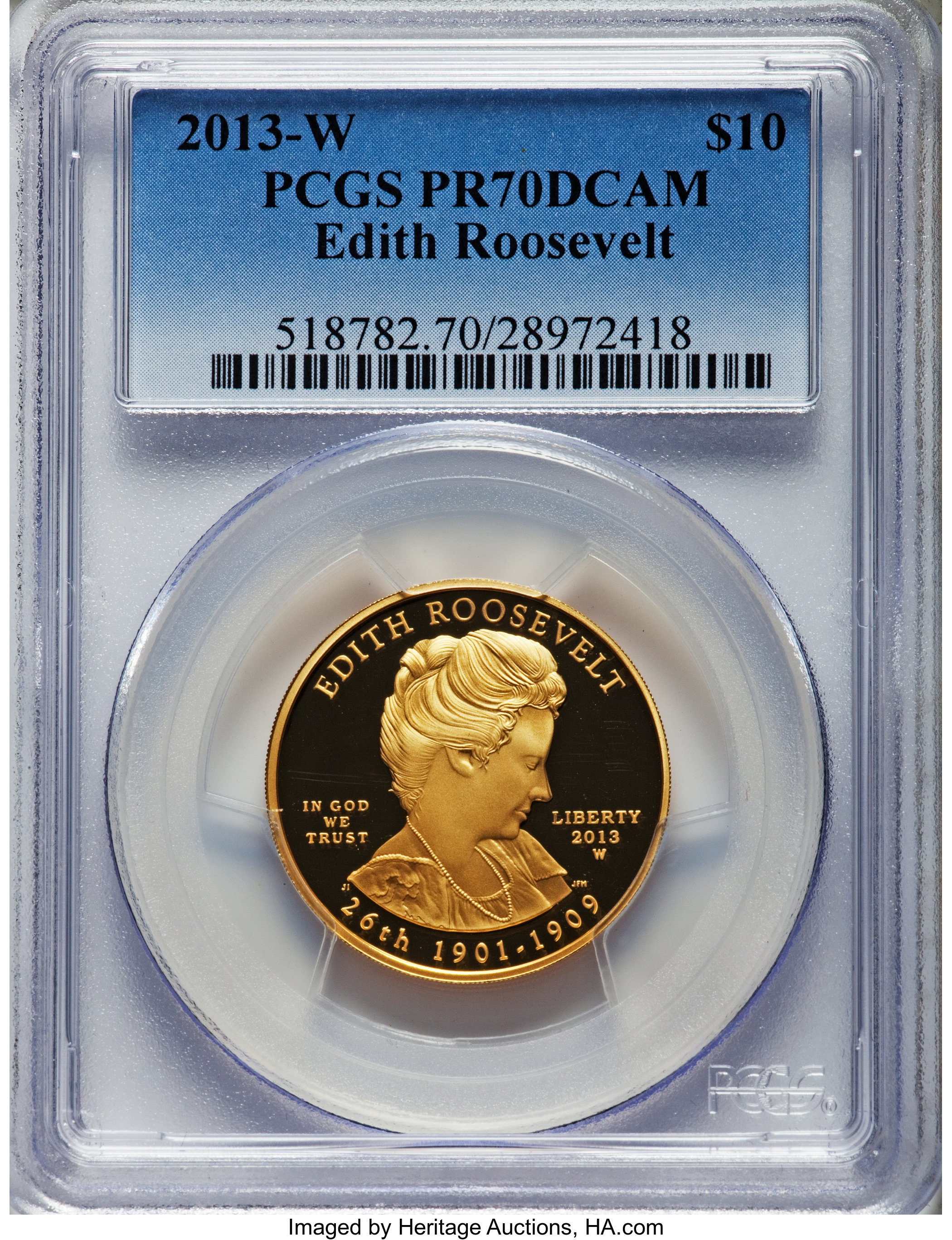 image for: 2013-W $10 Edith Roosevelt PR70 Deep Cameo PCGS. PCGS Population: (13). NGC Census: (0)....