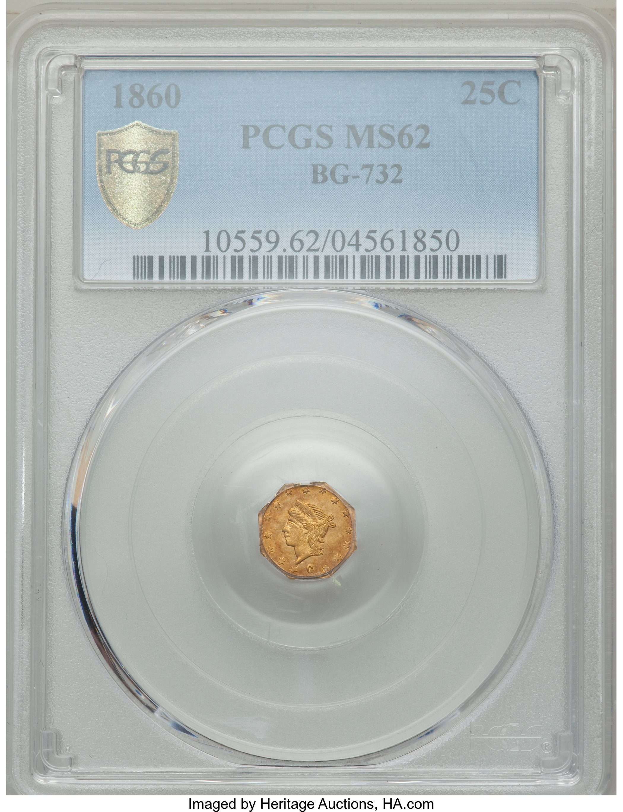 image for: 1860 25C Liberty Head Octagonal 25 Cents, BG-732, High R.6, MS62 PCGS Secure. PCGS Population: (4/0 and 0/0+). NGC Census: ...