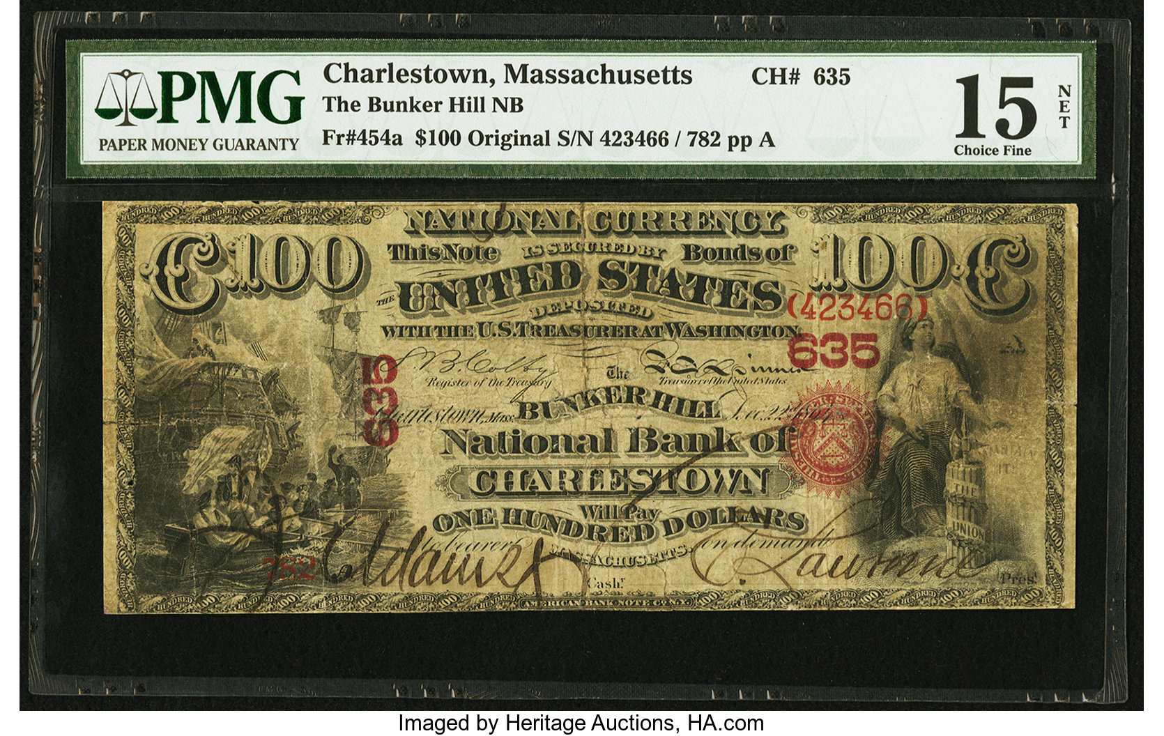image for: Charlestown, MA - $100 Original Fr. 454a The Bunker Hill NB Ch. # 635...