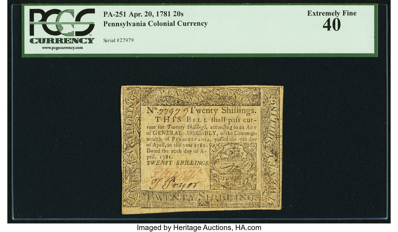 image for: Pennsylvania April 20, 1781 20s PCGS Extremely Fine 40....