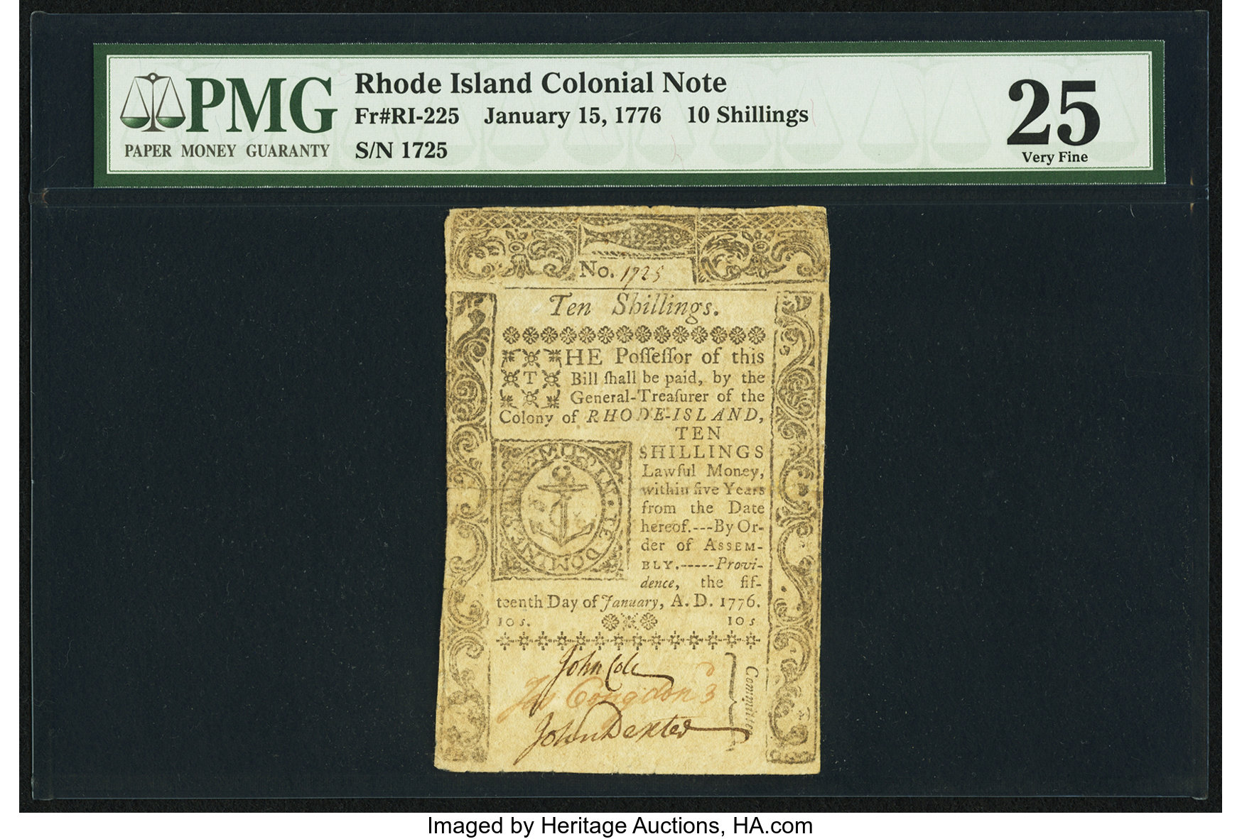 image for: Rhode Island January 15, 1776 10s PMG Very Fine 25....