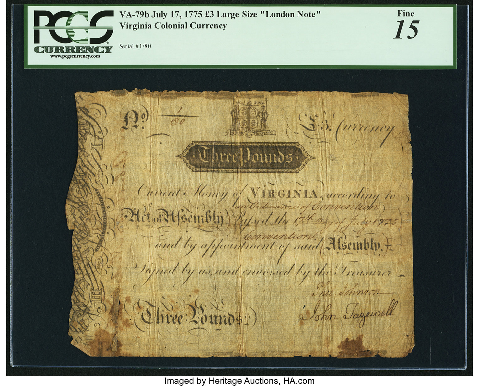 image for: Virginia July 17, 1775 £3 Large Size "London Note" PCGS Fine 15....