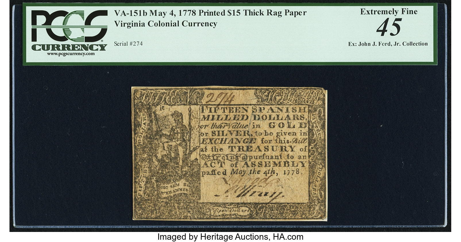 image for: Virginia May 4, 1778 (Dates Printed) $15 PCGS Extremely Fine 45....