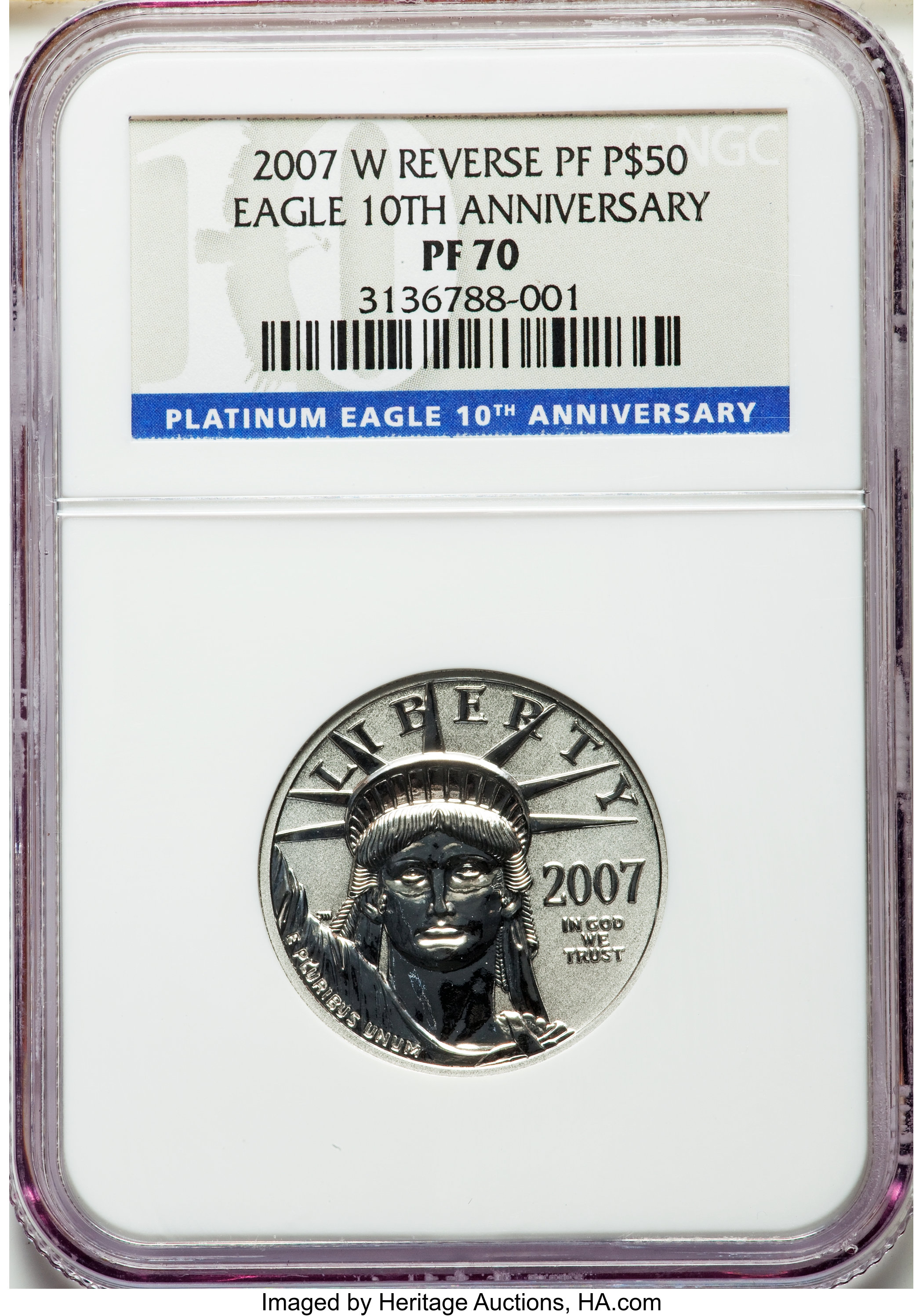 image for: Two-Piece 2007-W P$50 One-Ounce Platinum Eagle Set, 10th Anniversary, NGC. The set includes: Normal Proof PR70 Ultra Came... (Total: 2 coins)