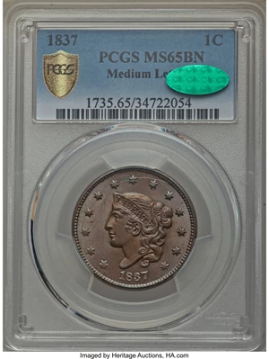 image for: 1837 1C Plain Cords, Medium Letters, N-4, R.2, MS65 Brown PCGS Secure. CAC....