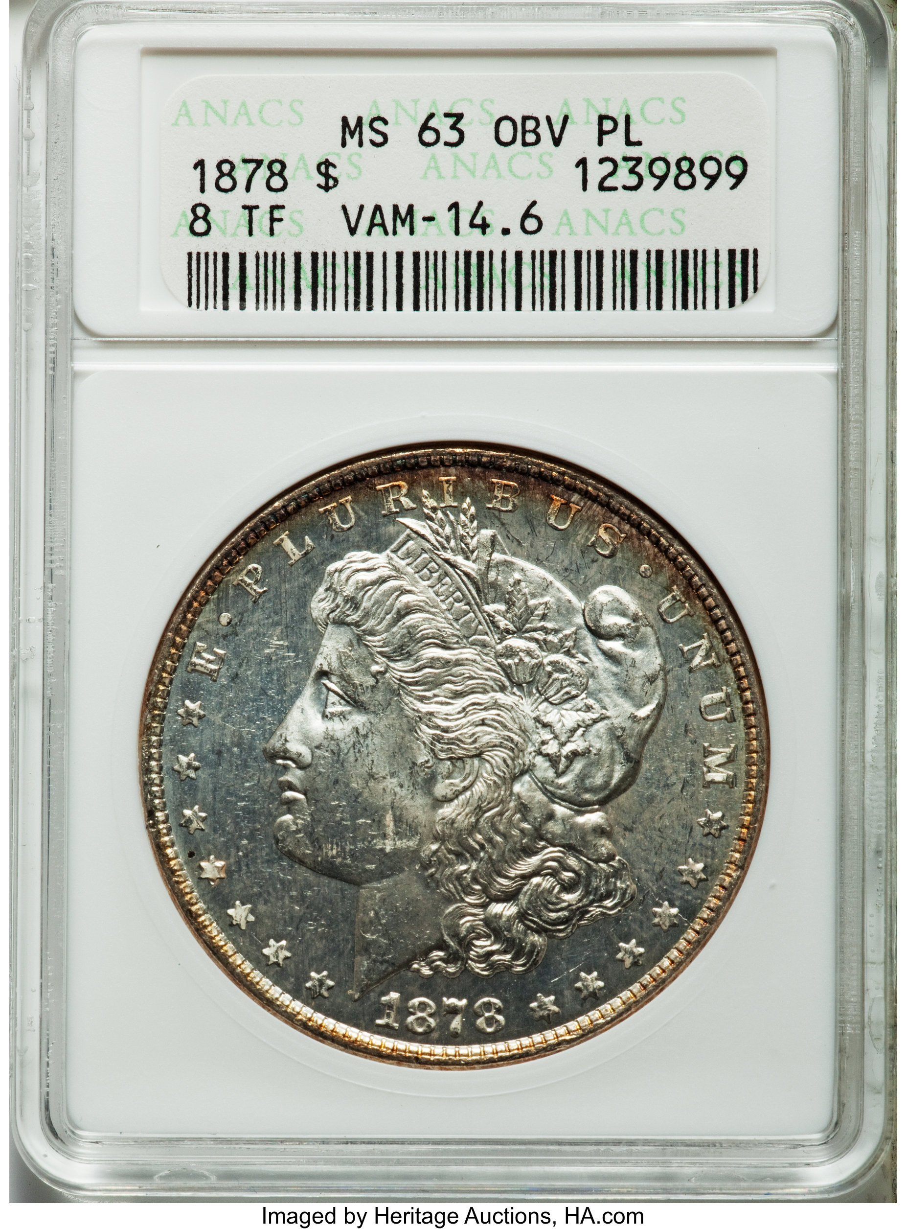image for: 1878 8TF $1 VAM-14.6, Dot on Ear, MS63 Obverse Prooflike ANACS....