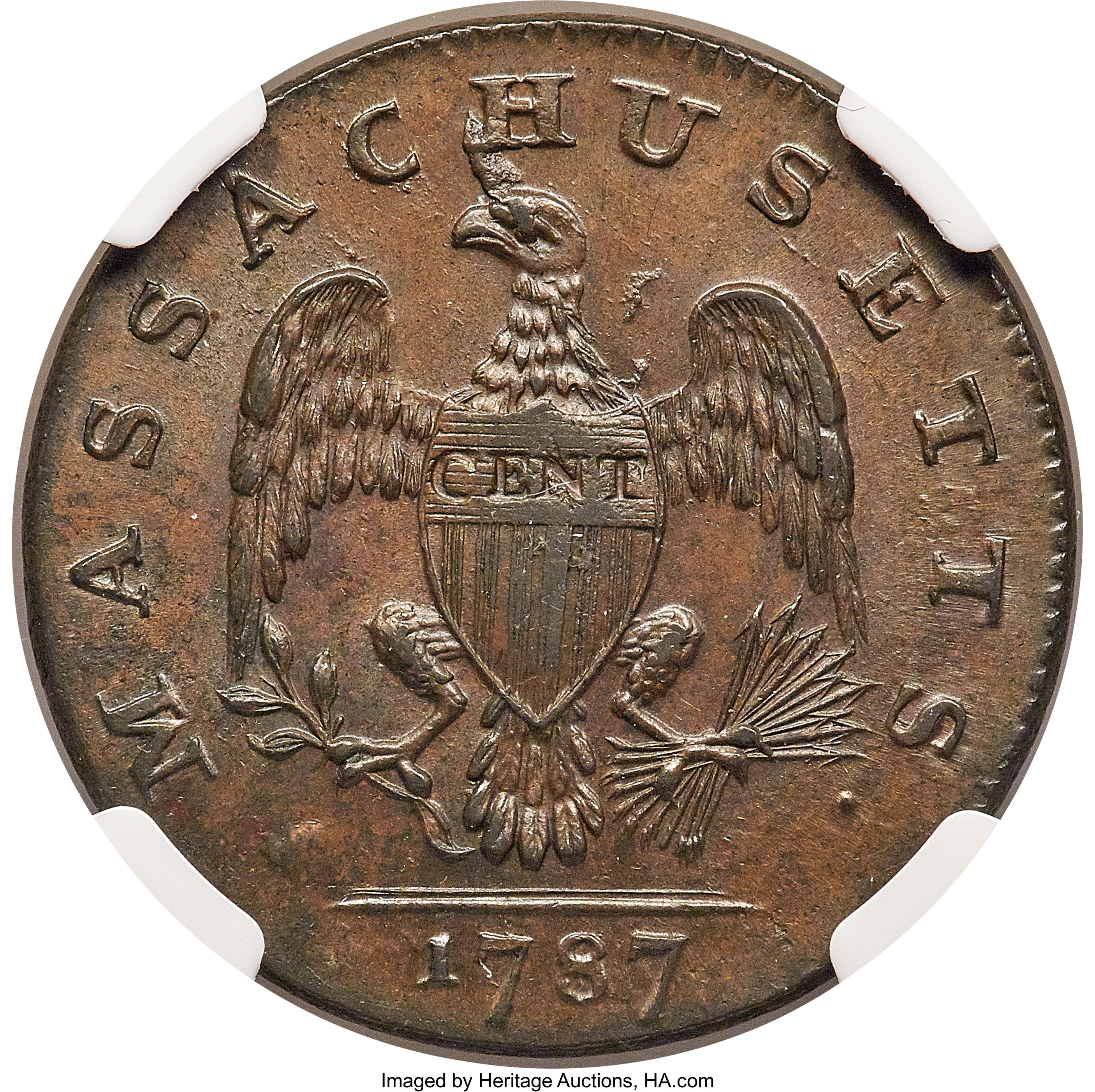 image for: 1787 CENT Massachusetts Cent, Horned Eagle, MS66 Brown NGC. Ryder 2-A, W-6040, R.3....