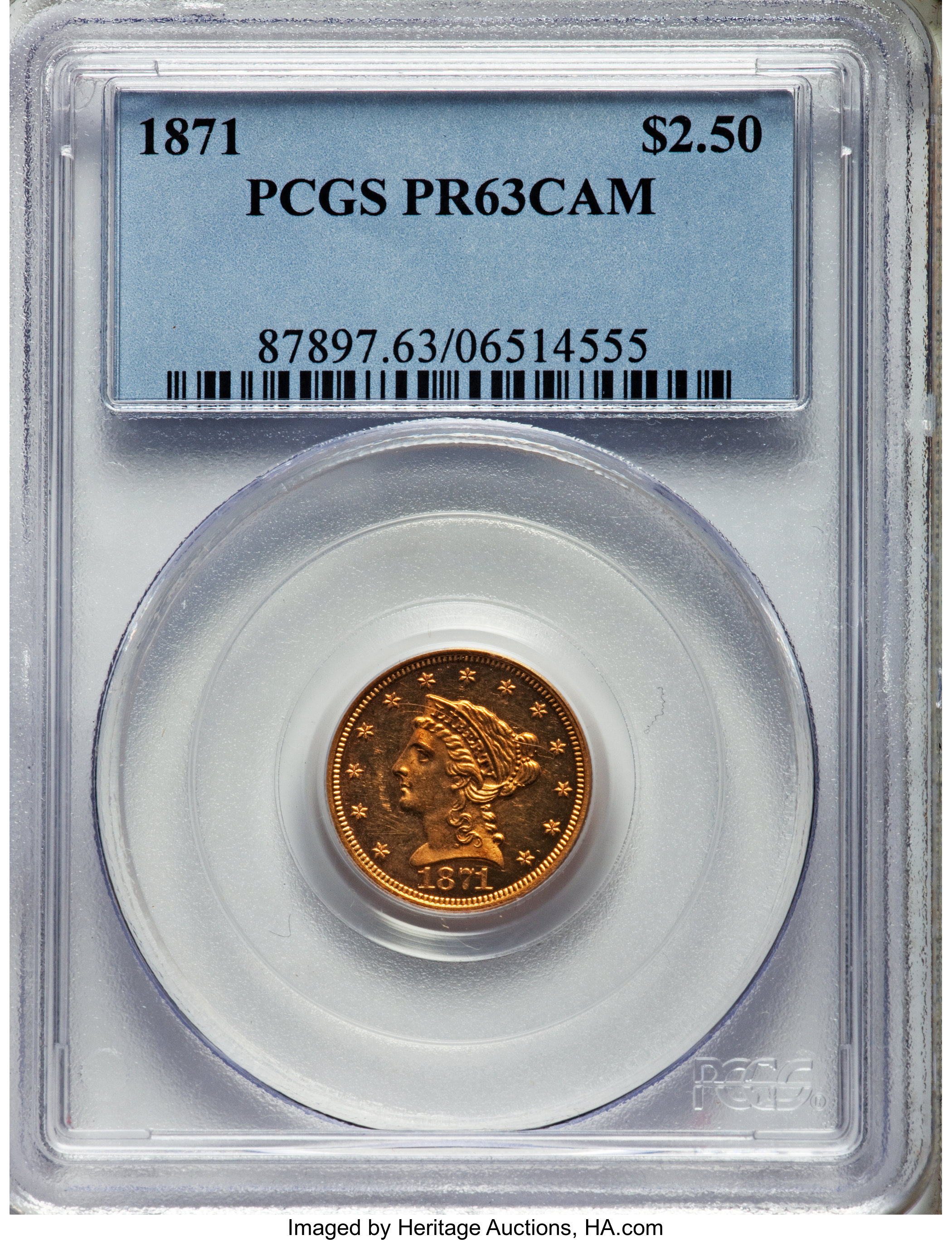 image for: 1871 $2 1/2 PR63 Cameo PCGS....