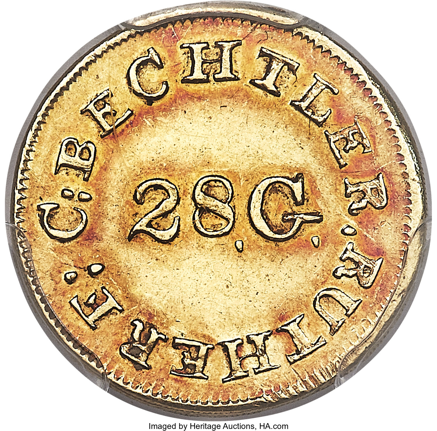 image for: (1834-37) G$1 C. Bechtler Dollar, Normal N, 28G. Centered, AU58 PCGS. CAC. K-3, R.6....