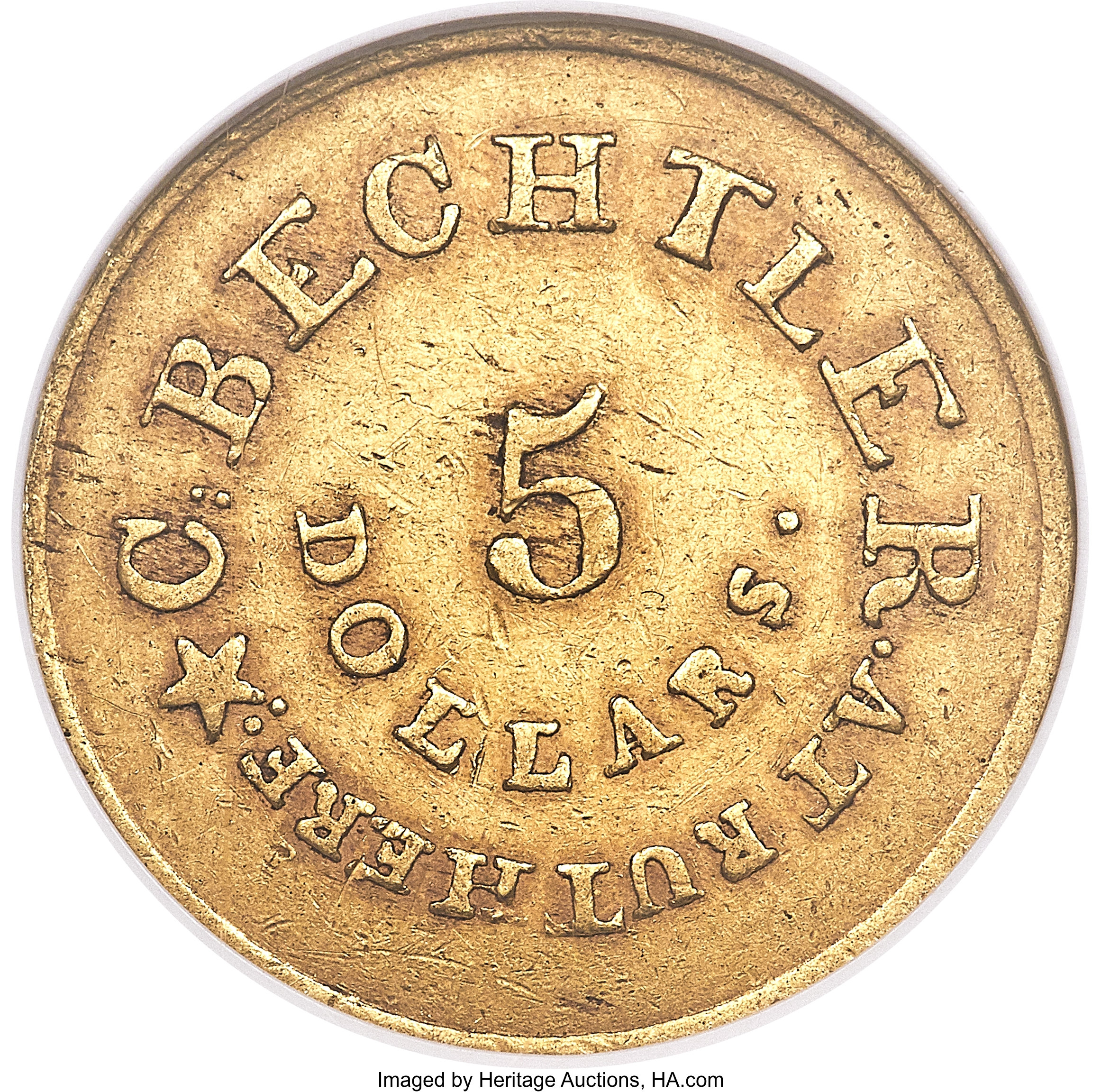 image for: (1837-1842) $5 C. Bechtler Five Dollar, RUTHERF. AU58 NGC. K-23, High R.6....