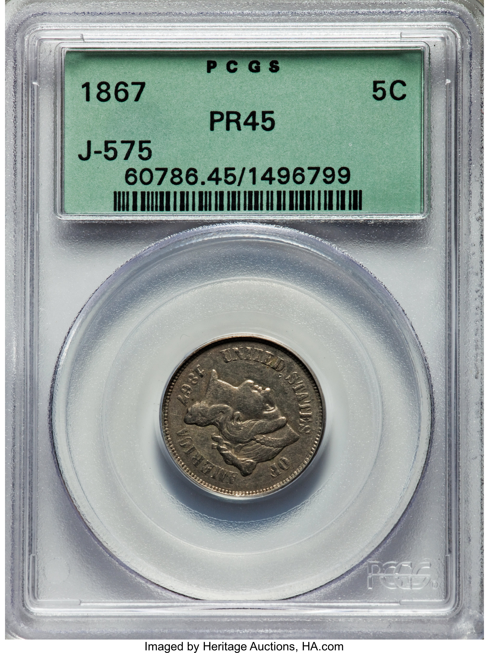 image for: 1867 5C Five Cents, Judd-575, Pollock-631, Unique, PR45 PCGS....