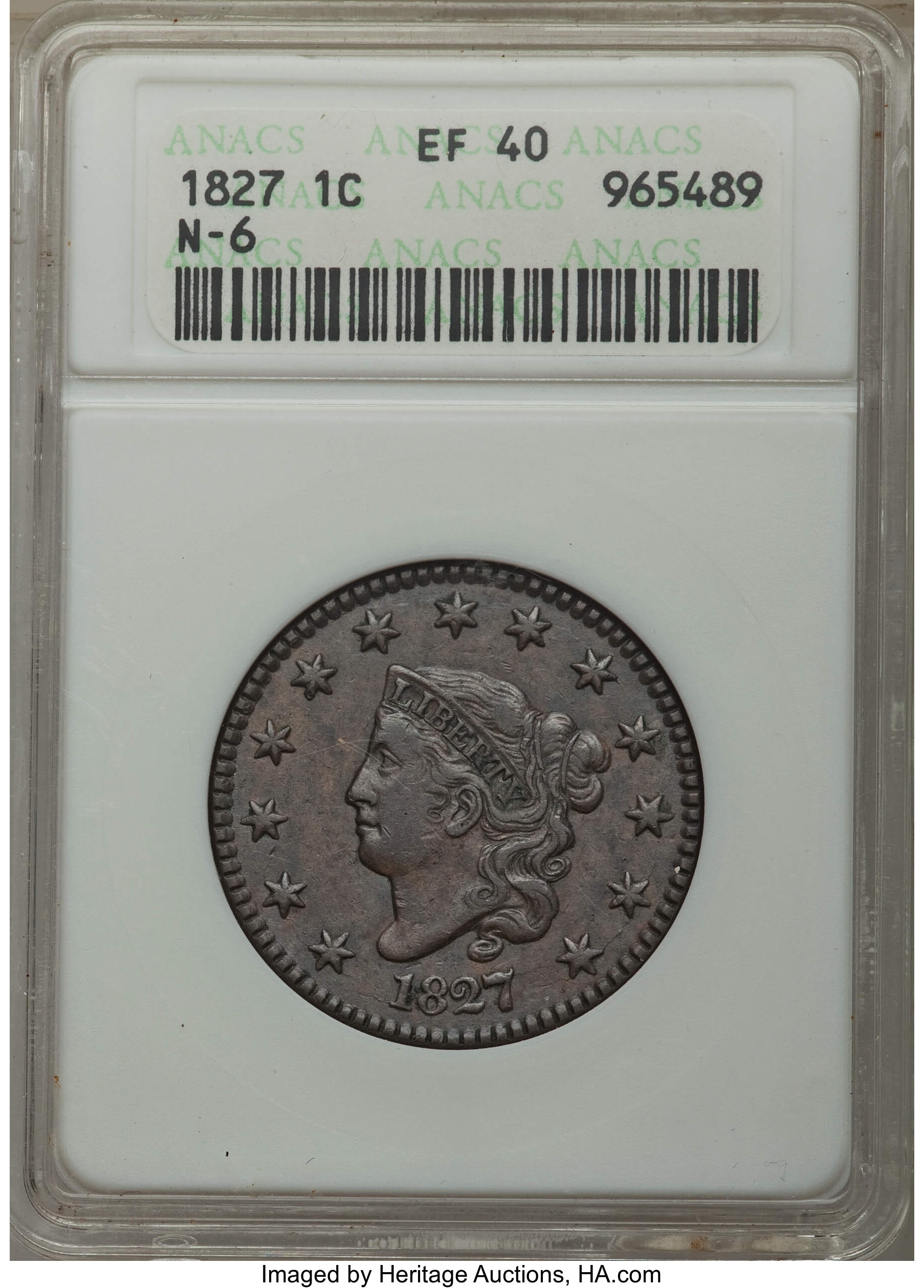 image for: 1827 1C N-6, R.3, XF40 ANACS. NGC Census: (0/6). PCGS Population: (0/6). XF40. Mintage 2,357,732. ...