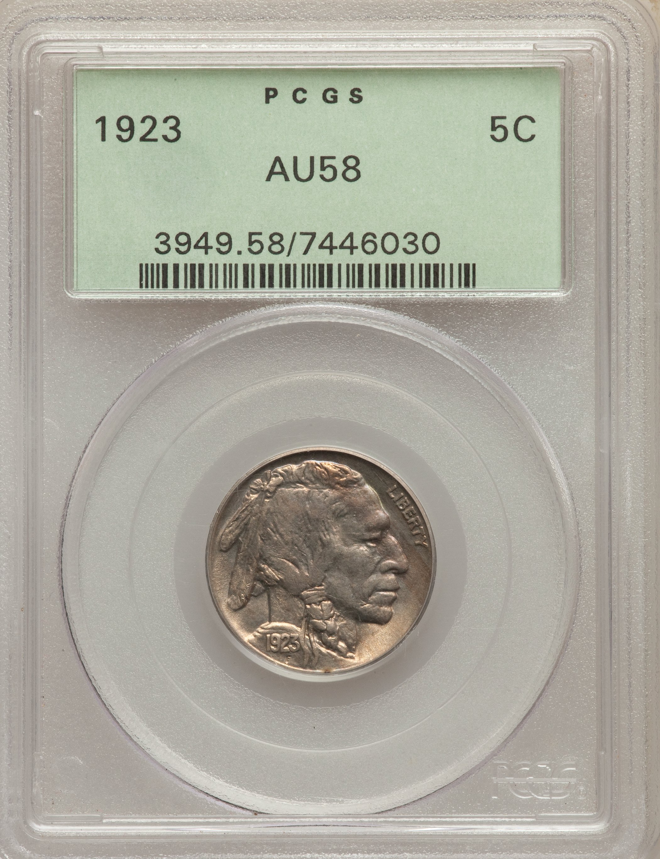 1923 5C AU58 PCGS. PCGS Population: (106/1538). NGC Census: (65/888). CDN: $37 Whsle. Bid for problem-free NGC/PCGS AU58. M...