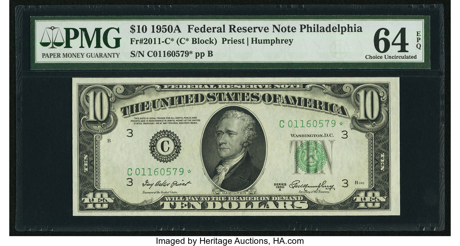 image for: Fr. 2011-C* $10 1950A Federal Reserve Star Note. PMG Choice Uncirculated 64 EPQ....