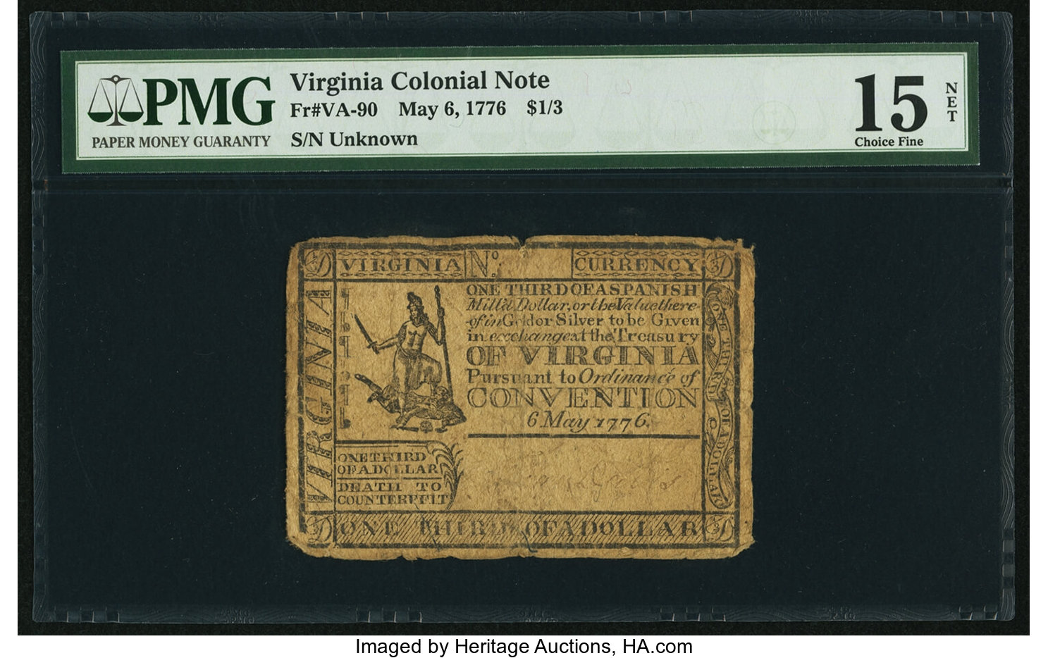 image for: Virginia May 6, 1776 $1/3 PMG Choice Fine 15 Net....