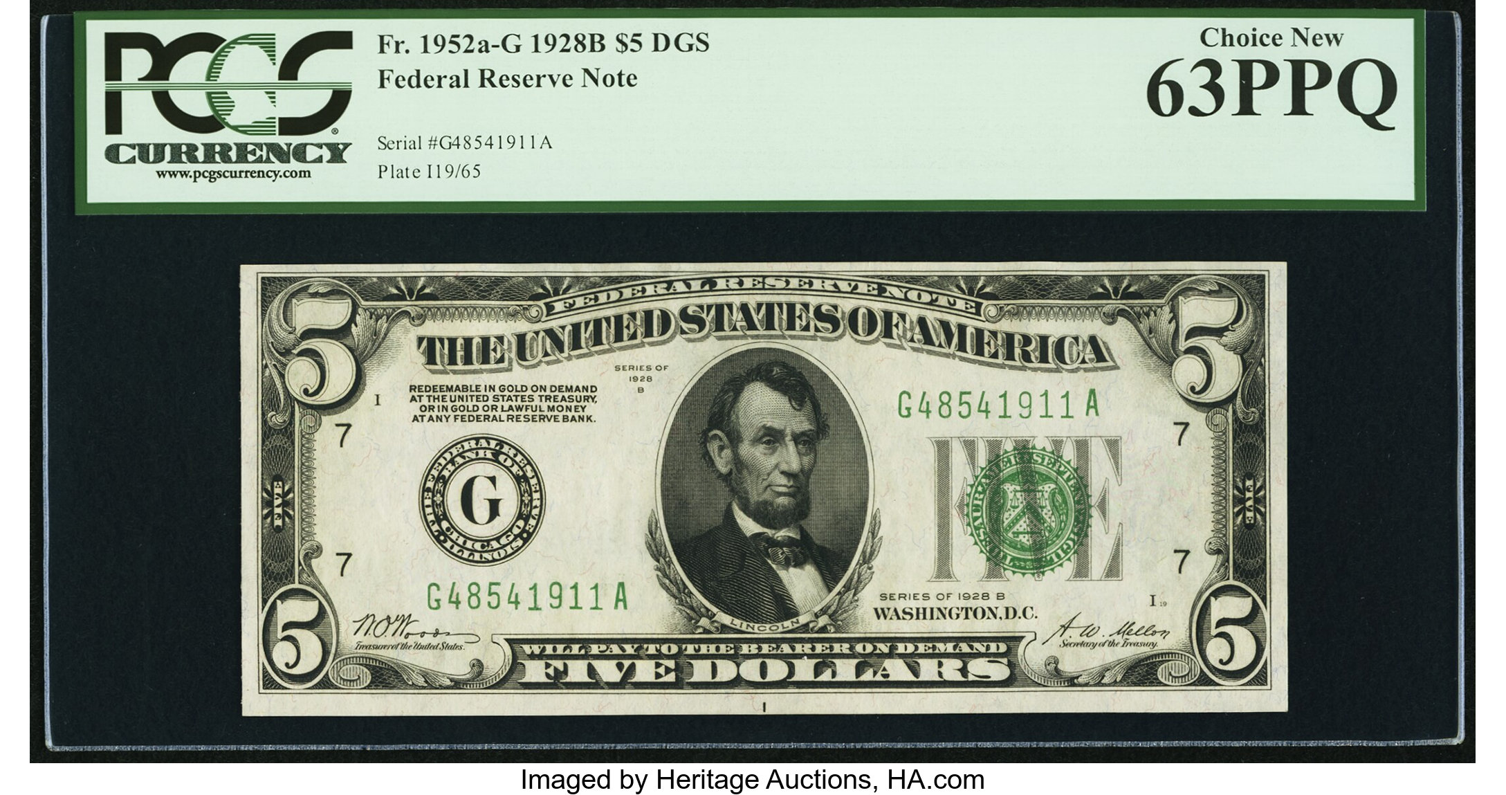 image for: Fr. 1952-G $5 1928B Dark Green Seal Federal Reserve Note. PCGS Choice New 63PPQ....