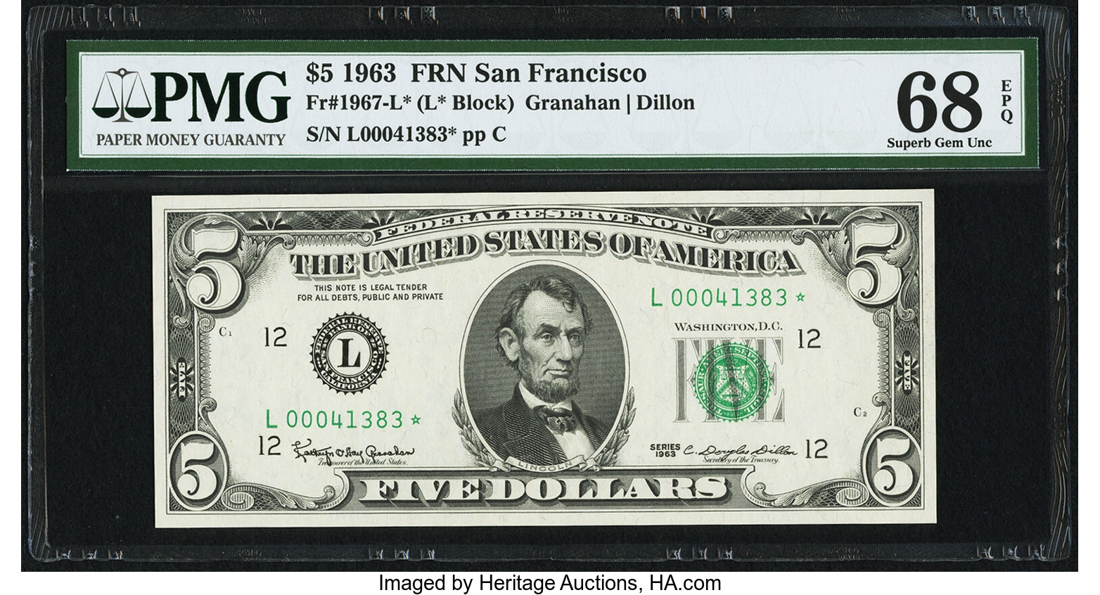 image for: Fr. 1967-L* $5 1963 Federal Reserve Star Note. PMG Superb Gem Unc 68 EPQ....